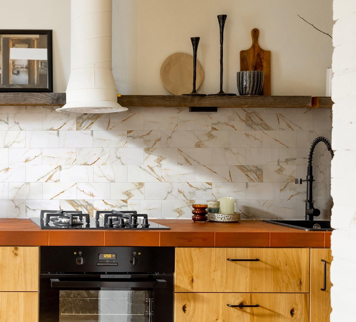 10-Pack Peel and Stick Tile Backsplash 12"X12" PVC Wall Tiles, Stick on Backsplash for Kitchen, Bathroom Tile, Fireplace Décor, Laundry Table, Stair Decals in Cala Golden