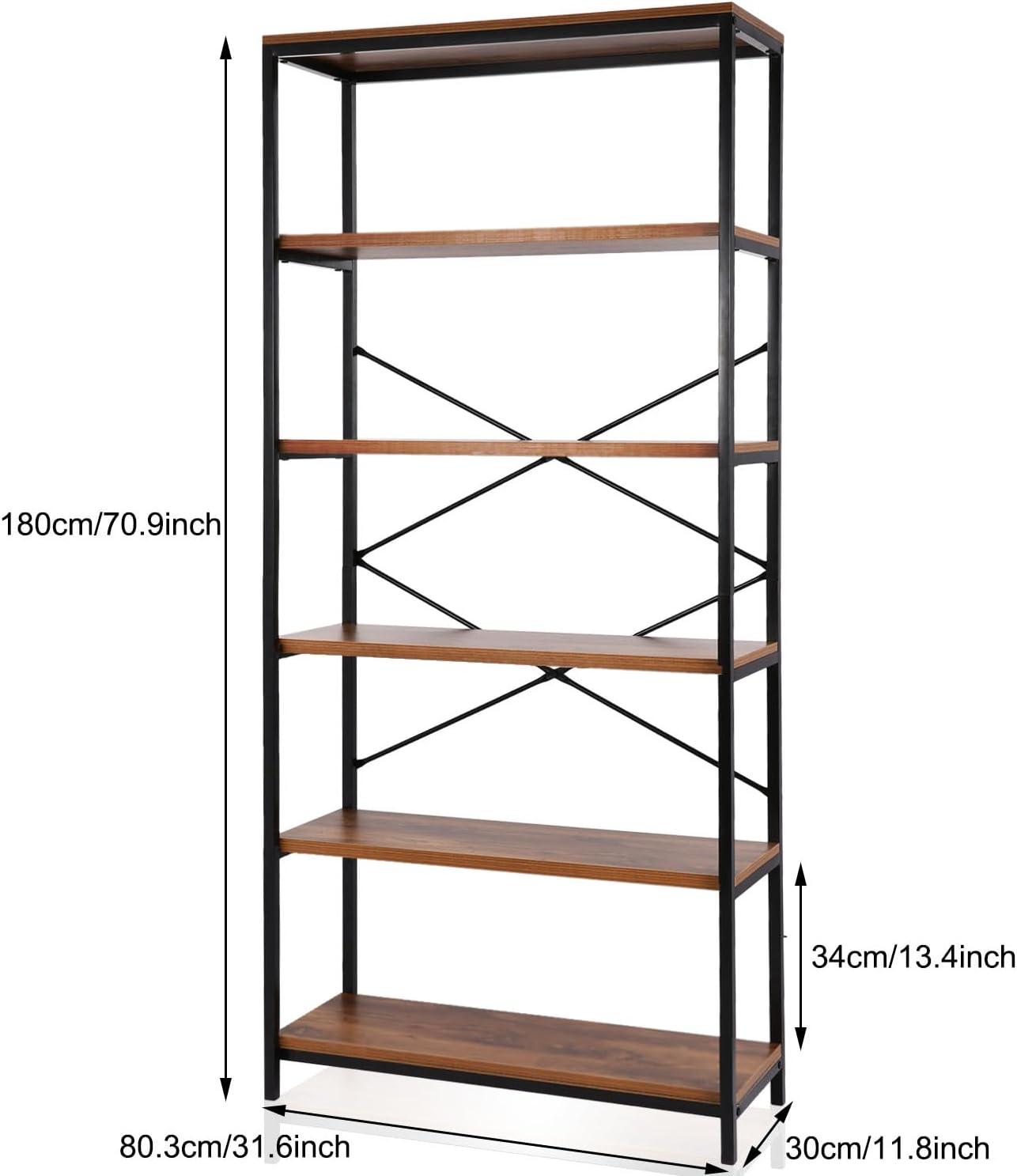 Killeryuki Bookshelf, 6-Tier Industrial Bookshelves, Wood and Metal Bookcase, Standing Storage Vintage Bookshelf for Living Room, Bedroom and Home Office, Rustic Brown