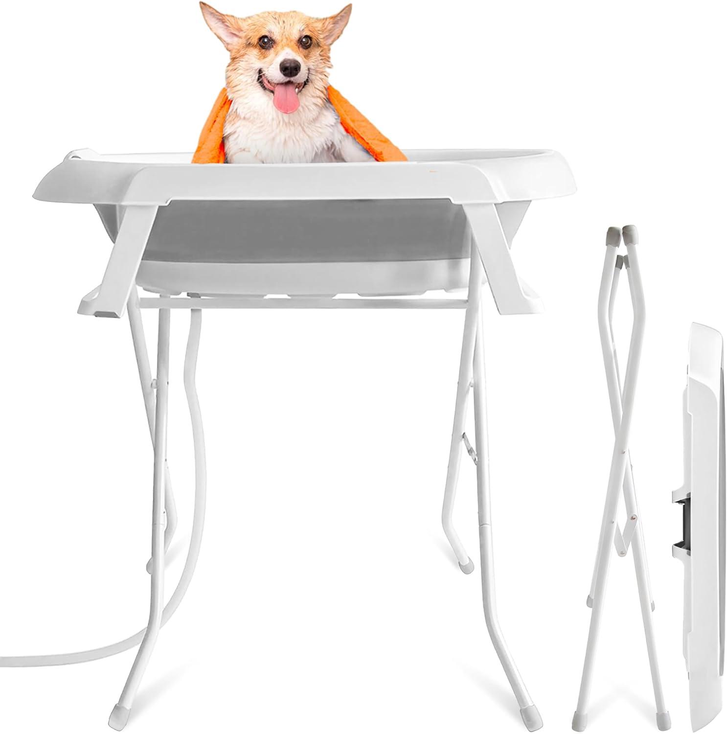 Portable White Plastic and Metal Dog Bath Tub for Medium Pets