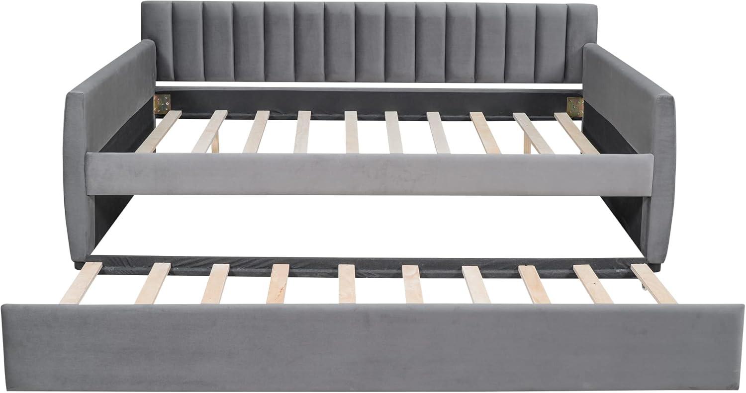 Gray Velvet Full Daybed with Trundle and Tufted Upholstery