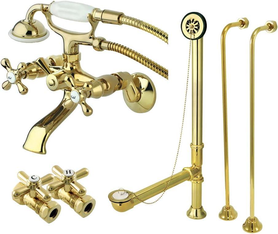 Kingston Brass Vintage Two-Handle 2-Hole Tub Wall Mount Clawfoot Tub Faucet Package with Supply Line, Hand Shower and Tub Drain