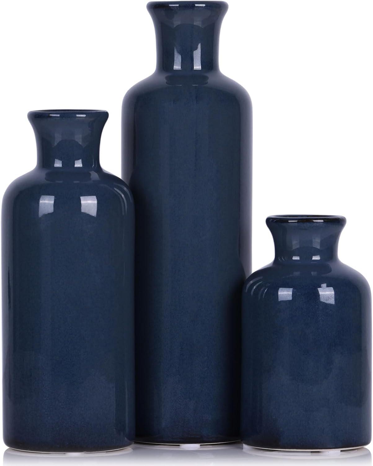 Blue Ceramic Cylinder Vase Set of 3