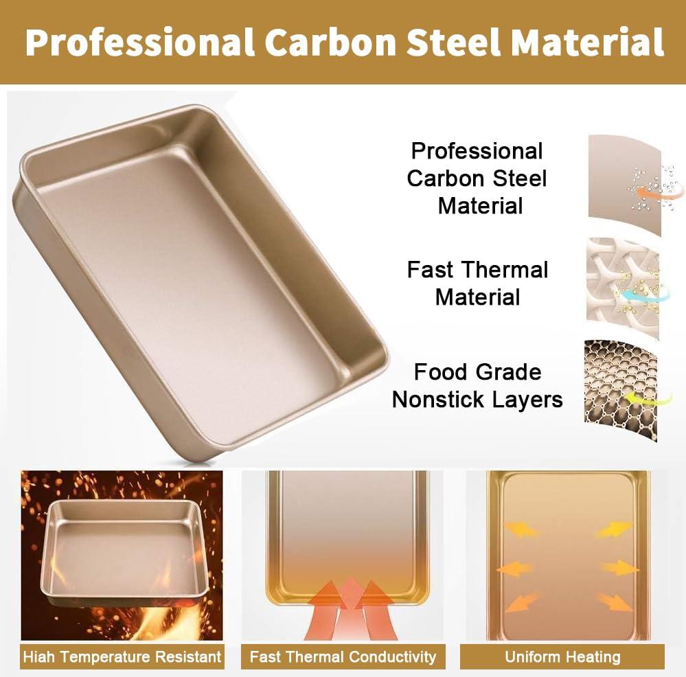 AMAGABELI GARDEN & HOME Deep Baking Pans Nonstick for Oven Tray Cake Carbon Steel Pan Baking Sheets Set of 3 Rectangle Bakeware Set for Cake Lasagna Brownie Casserole Cookie Cooking Gold