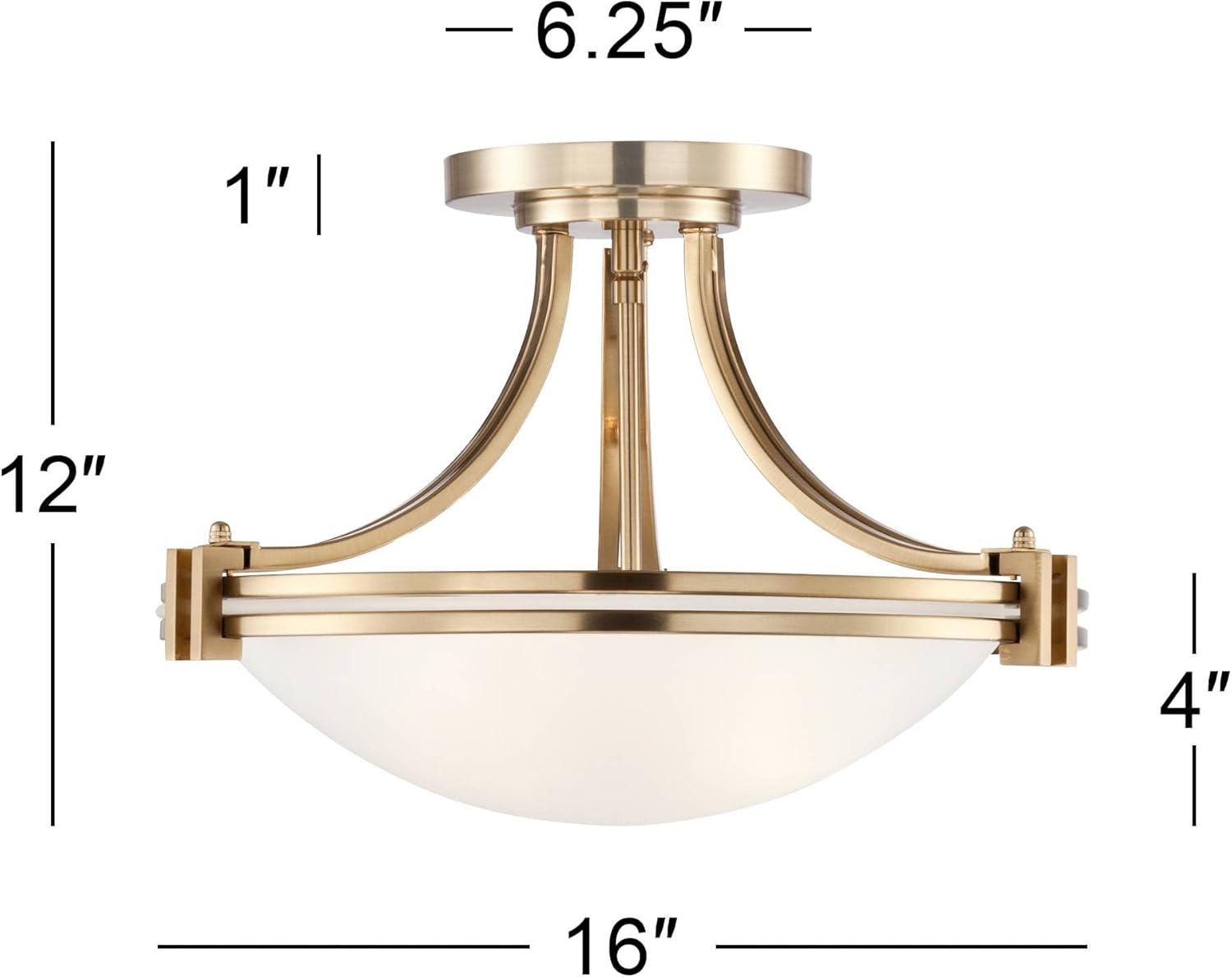 Possini Euro Design Deco Modern Ceiling Light Semi Flush Mount Fixture 16" Wide Warm Brass 2-Light White Glass Bowl for Bedroom Kitchen Living Room