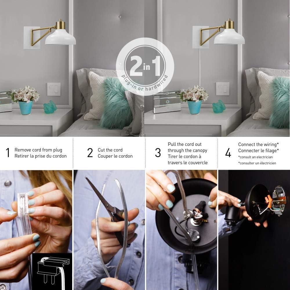 Globe Electric Berkeley 1-Light White and Brass Plug-in or Hardwire Swing Arm Indoor Wall Sconce