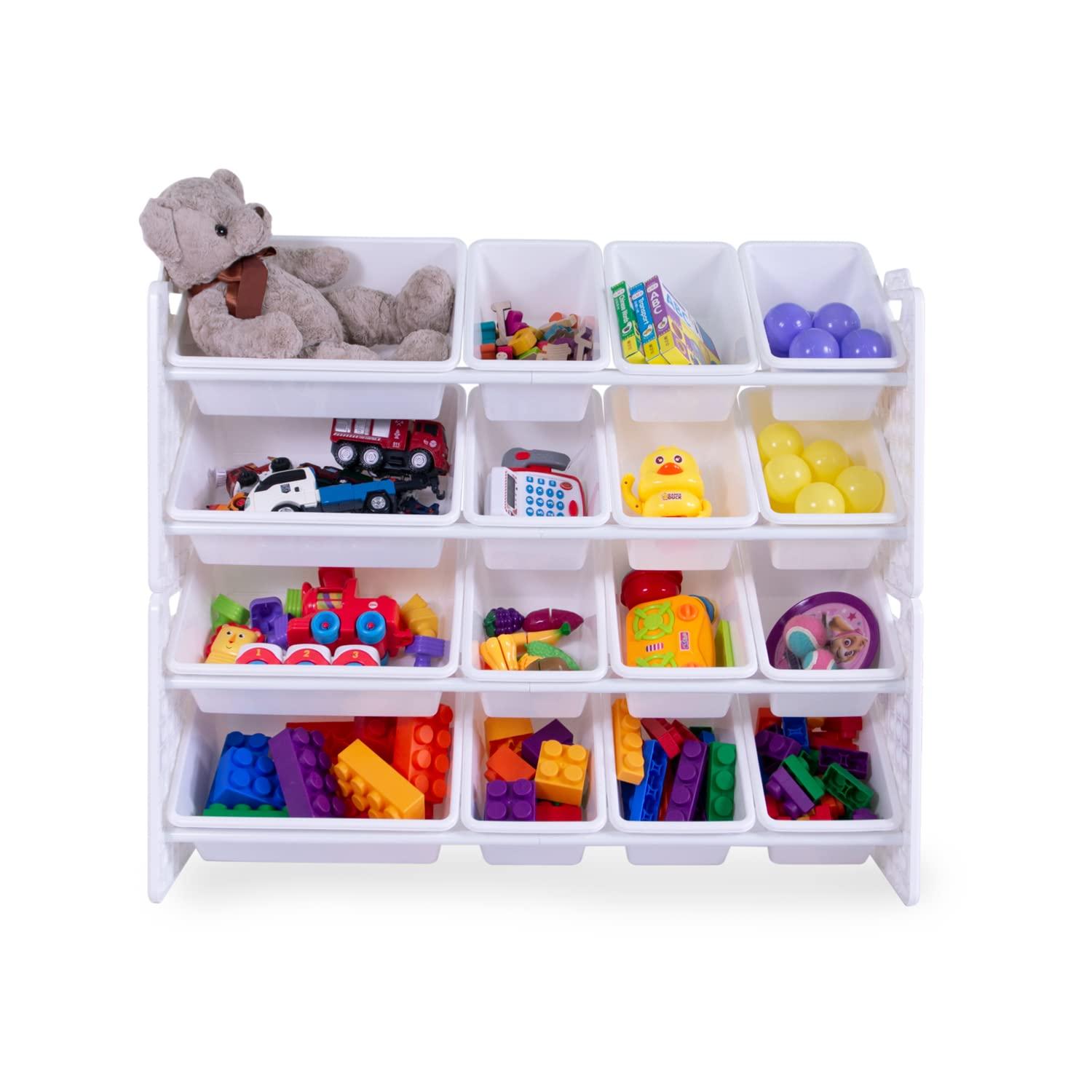 UNiPLAY Toy Organizer With 16 Removable Storage Bins, Multi-Bin Organizer for Books, Building Blocks, School Materials, Toys with Baseplate Board Frame (Primary)