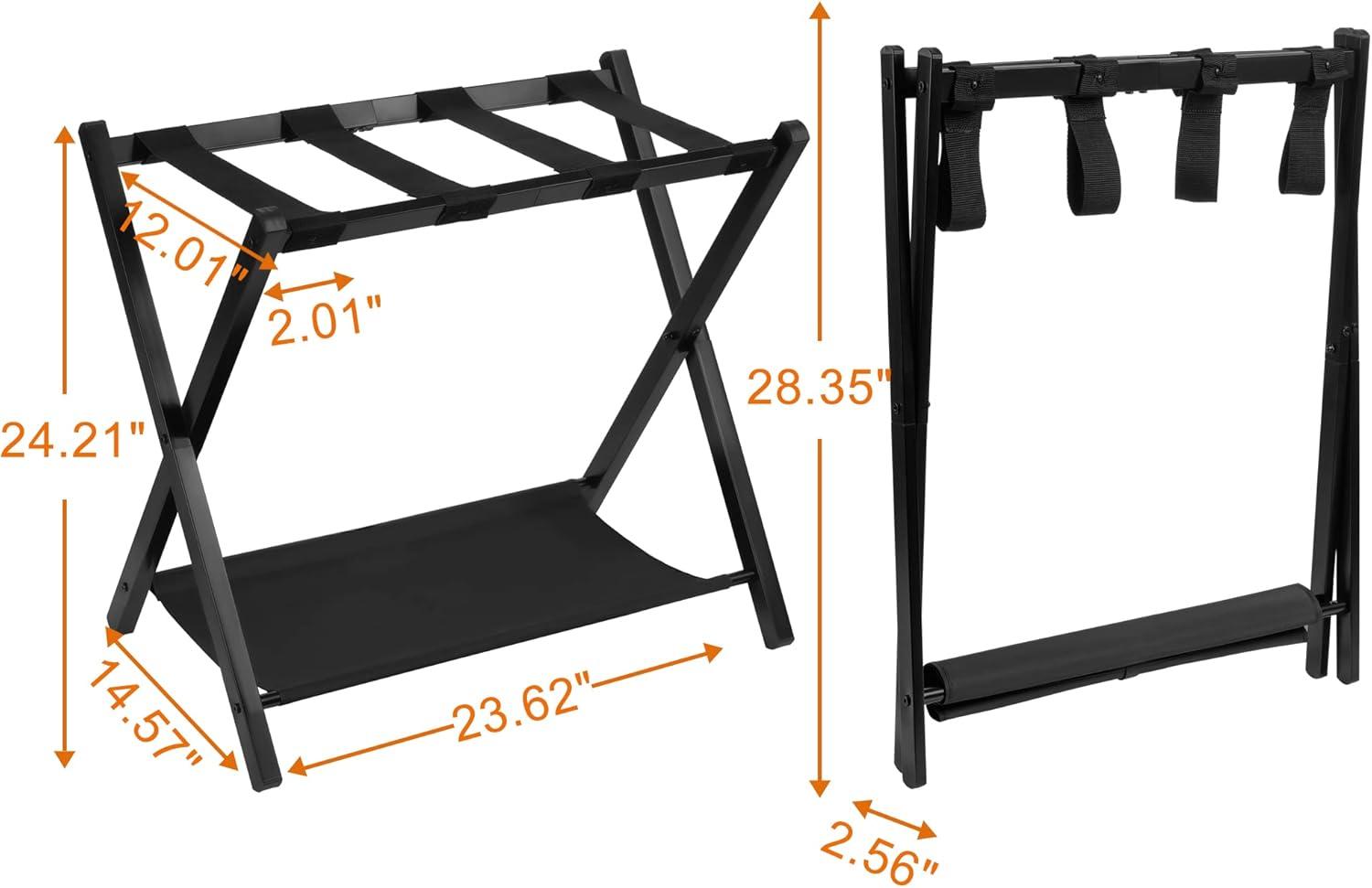 Black Steel Folding Luggage Rack with Storage Shelf, Set of 2