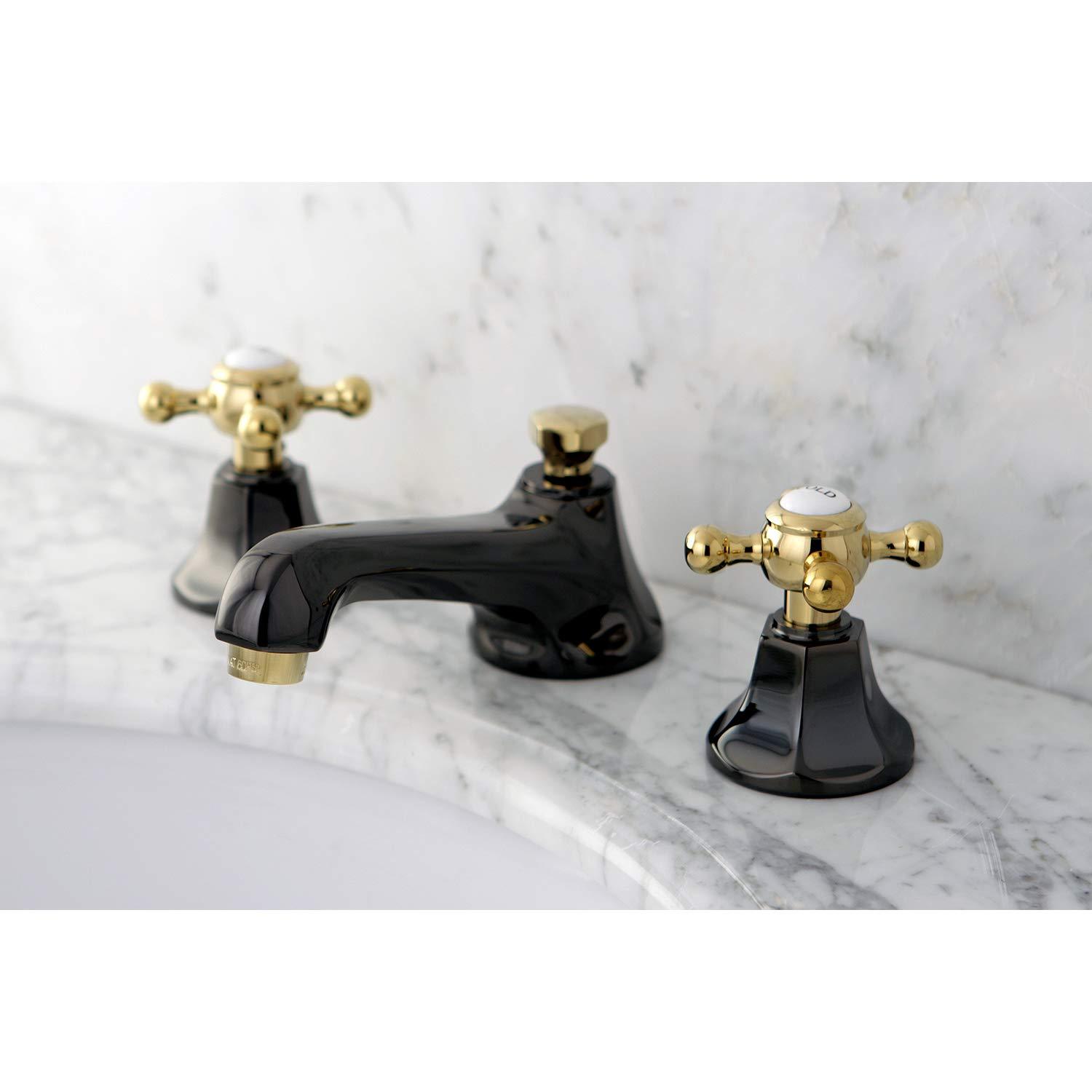 Kingston Brass Water Onyx Two-Handle 3-Hole Deck Mount Widespread Bathroom Faucet with Brass Pop-Up Drain