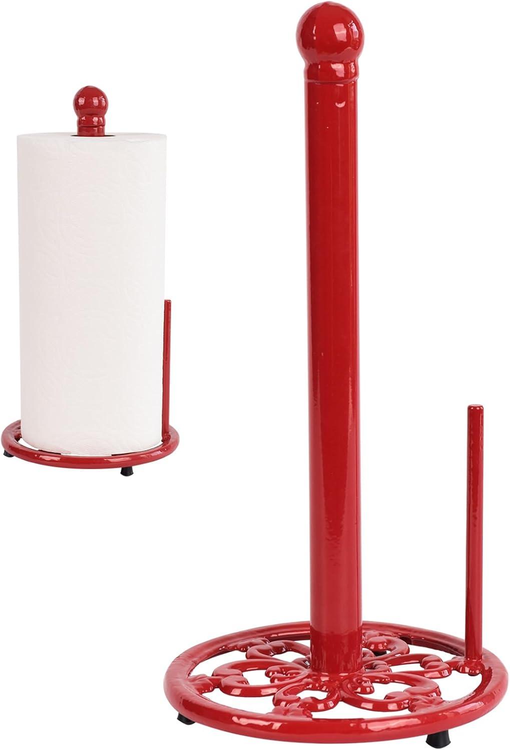 Vintage Paper Towel Holder Countertop - Cast Iron Standing Roll Paper Towel Dispenser with Elegant and Heavy Daffodil Pattern Base for Kitchen Décor, Red