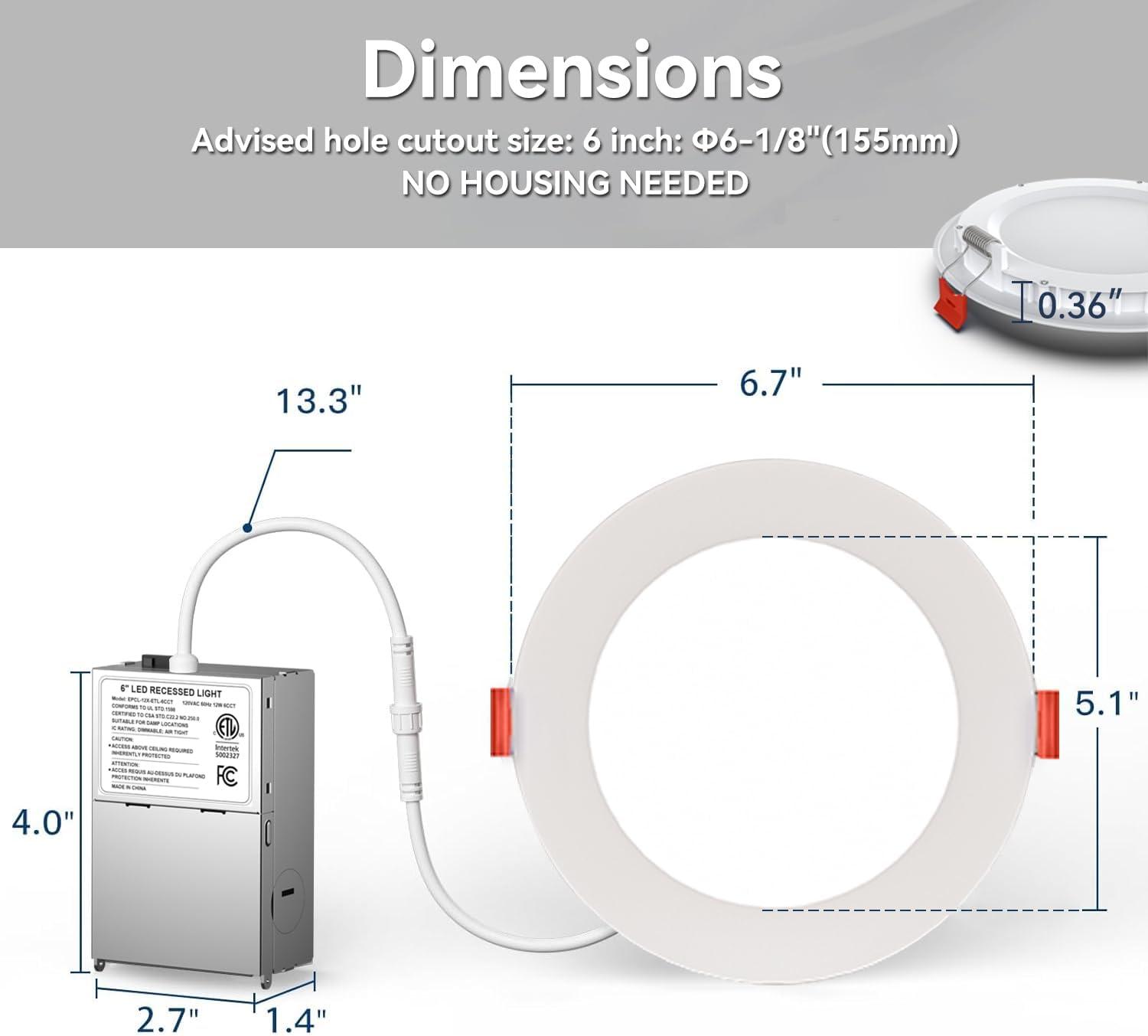 PARMIDA (12 Pack) 6 Inch Ultra-Thin LED Recessed Ceiling Light with Junction Box, 5CCT Color Selectable 2700K/3000K/3500K/4000K/5000K, 12W, Dimmable Canless Wafer Slim Panel Downlight, IC Rated, ETL