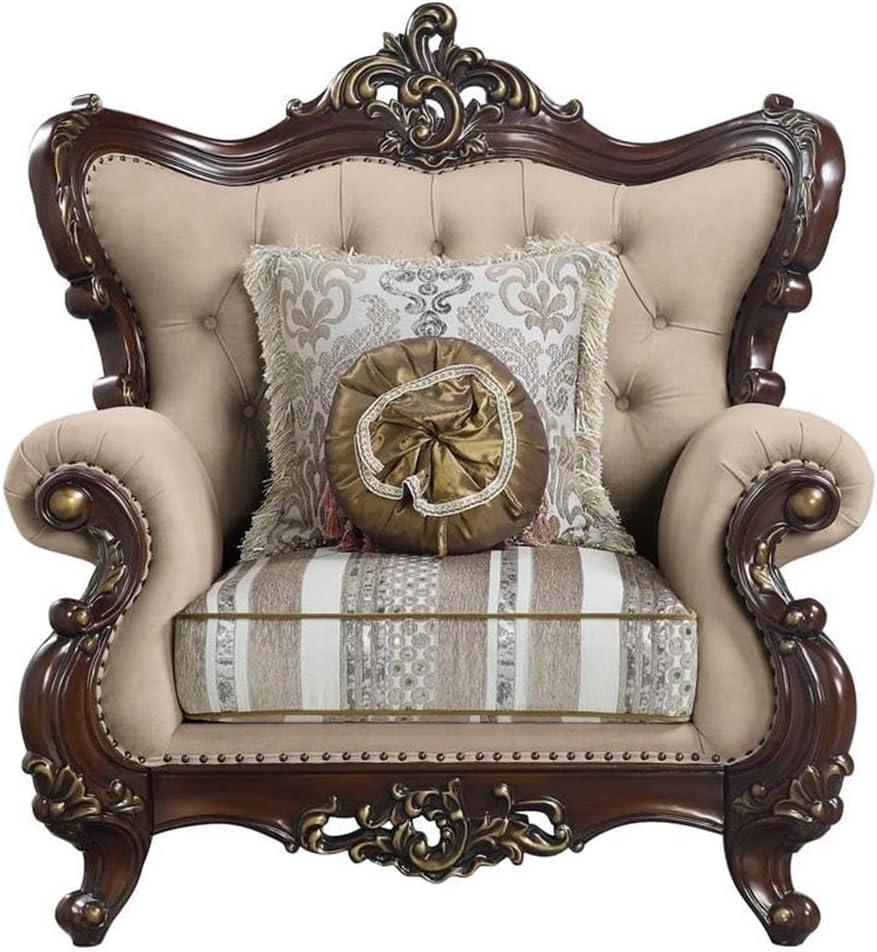 Light Brown Linen and Cherry Wood Floral Accent Chair