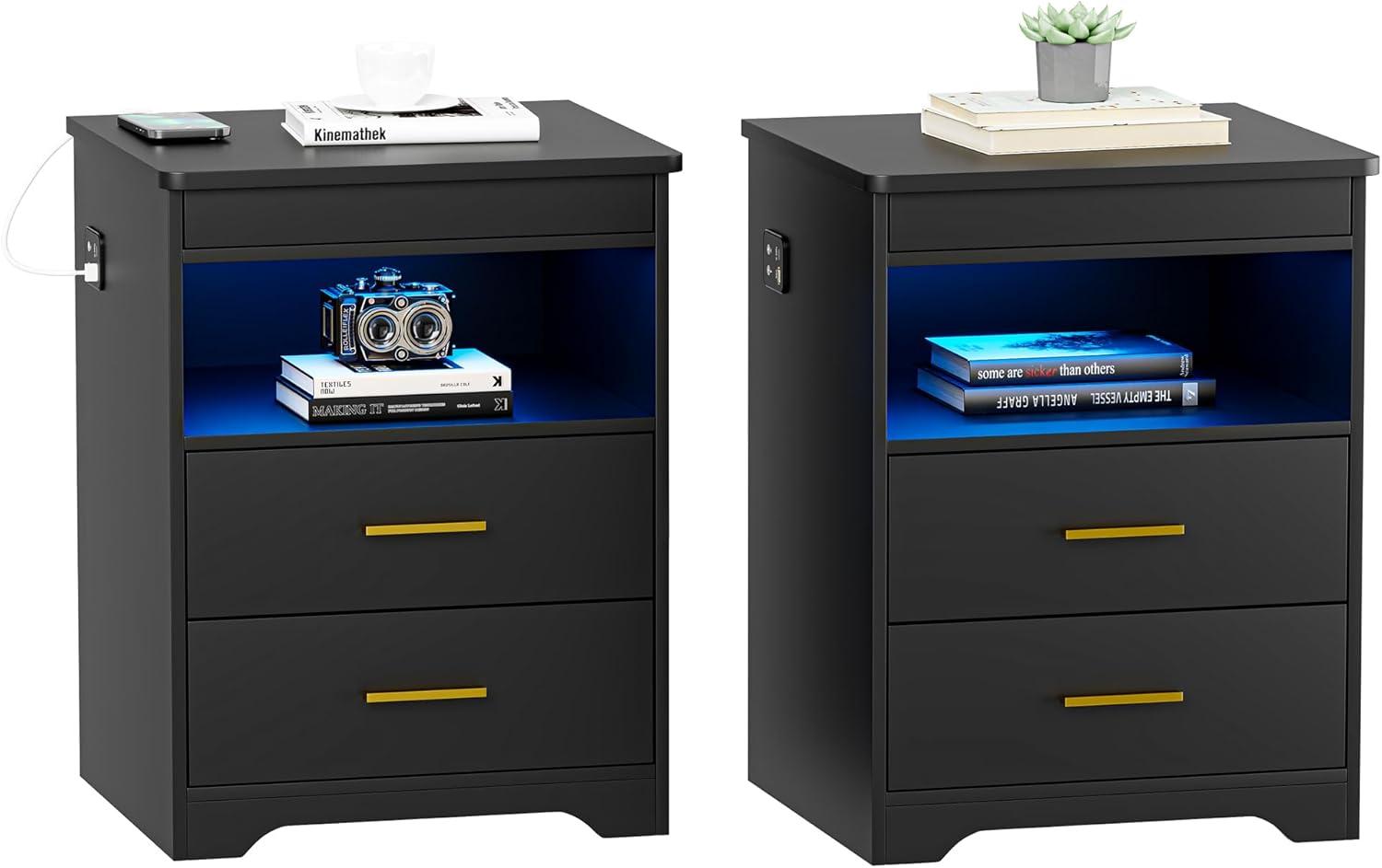 Black Nightstand Set of 2 with Outlets&USB Ports&LED Lights Modern Bedside Table Storage Cabinet with 2 Fabric Drawers for Bedroom