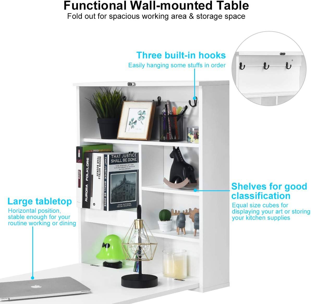 Folding Wall Desk, Wall Mounted Fold Out Table with Storage Shelves & Hooks, Hideaway Desk with Chalkboard, Floating Corner Desk for Small Spaces (White)