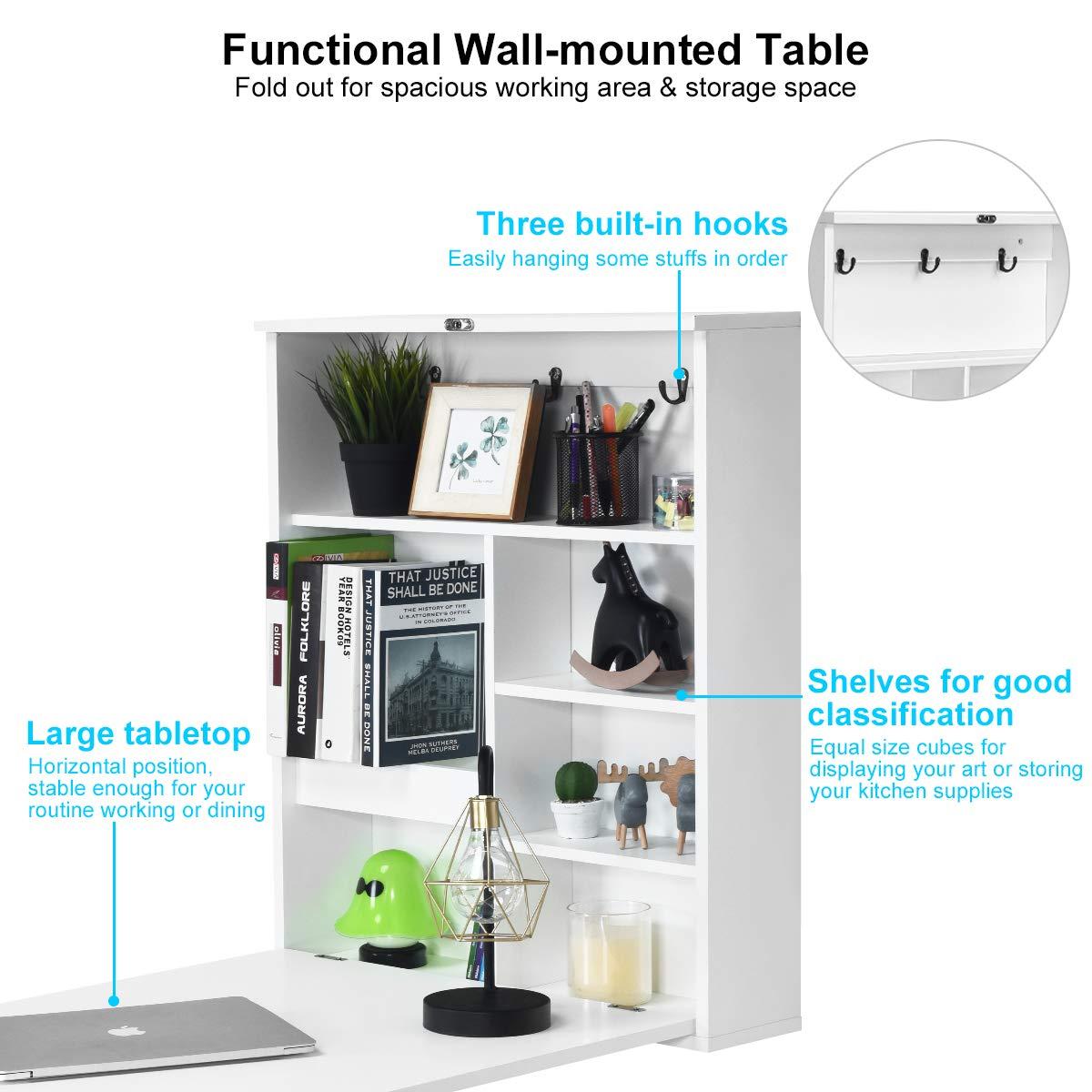 Folding Wall Desk, Wall Mounted Fold Out Table with Storage Shelves & Hooks, Hideaway Desk with Chalkboard, Floating Corner Desk for Small Spaces (White)