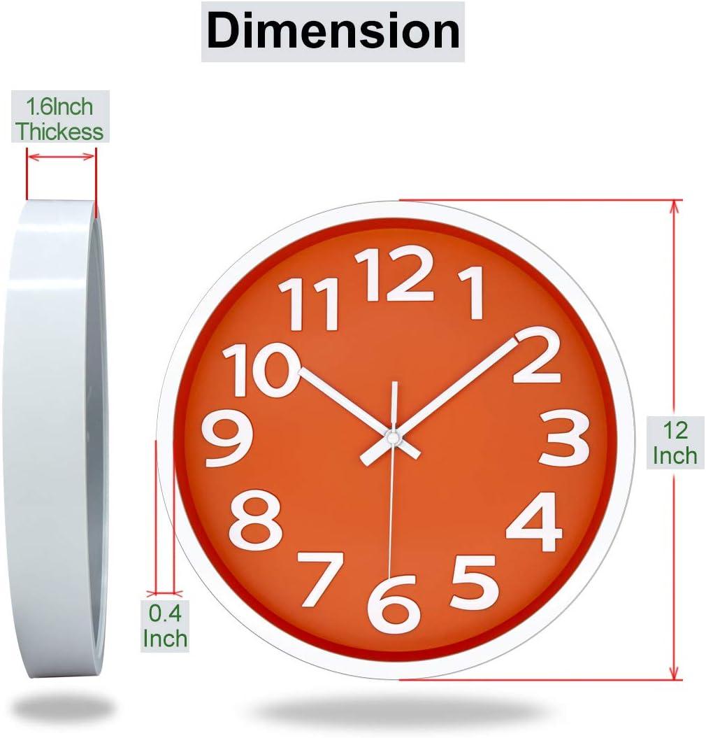 12-Inch Orange Modern Silent Analog Wall Clock with 3D Numbers