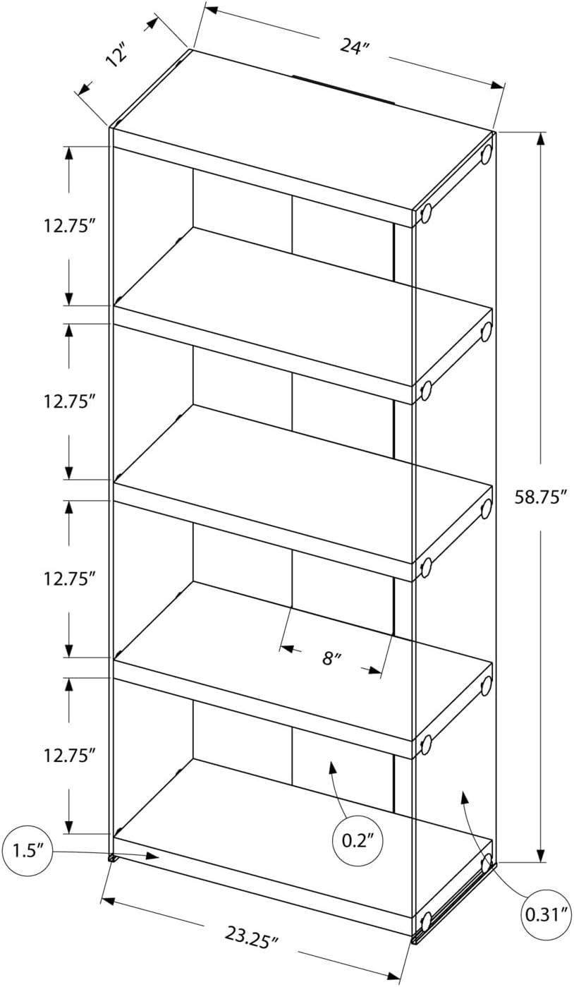 Monarch Specialties Bookshelf, Etagere, 5 Tier, 60"H, Office, Bedroom, Clear Tempered Glass