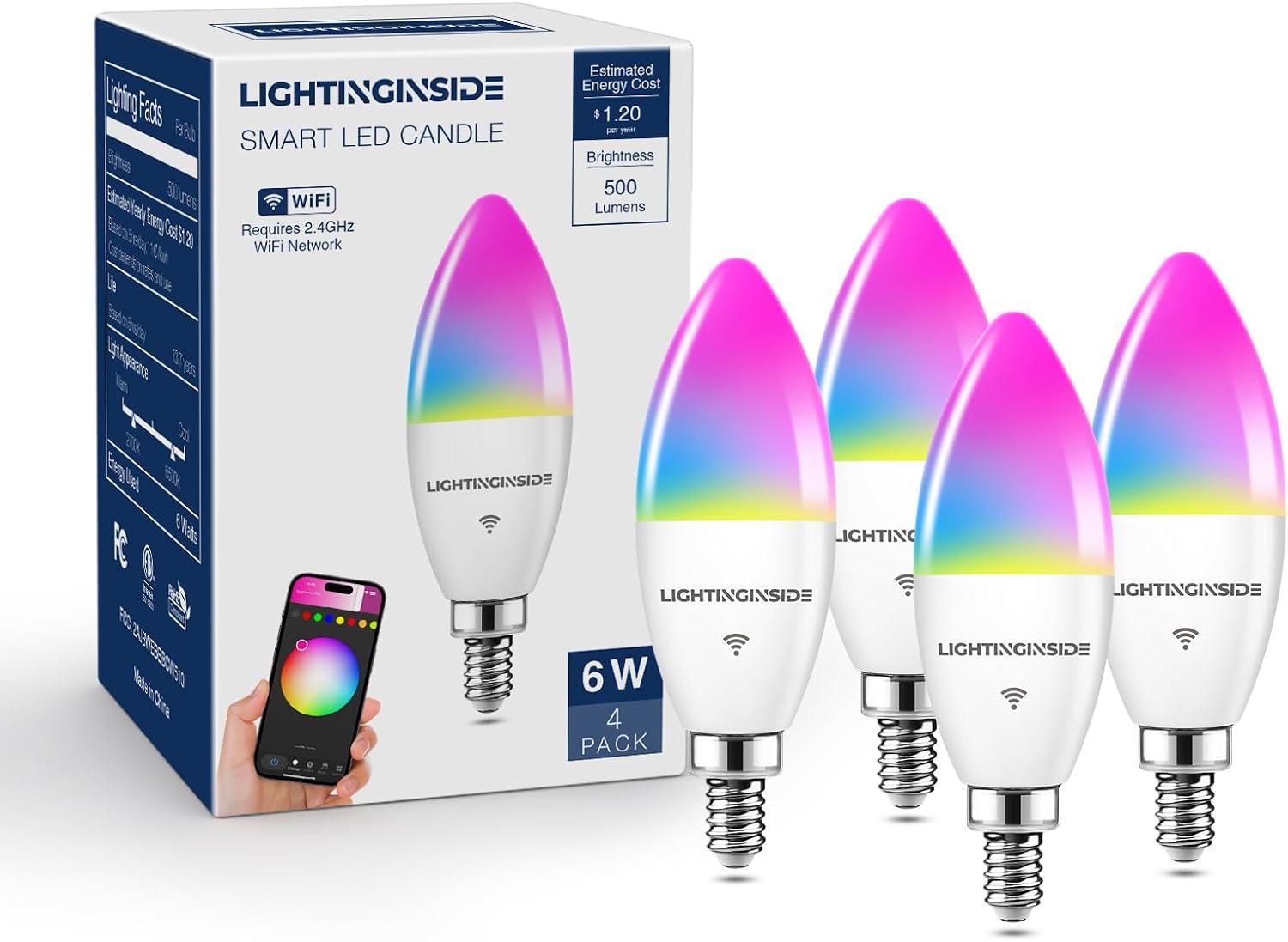 Candelabra Smart Light Bulbs 60W Equivalent, 500LM 6W E12 LED Bulb Compatible with Alexa/Google Home, RGBCW Candle Bulb for Chandelier, No Hub Required, 2.4G WiFi Only, ETL Listed, 1PC