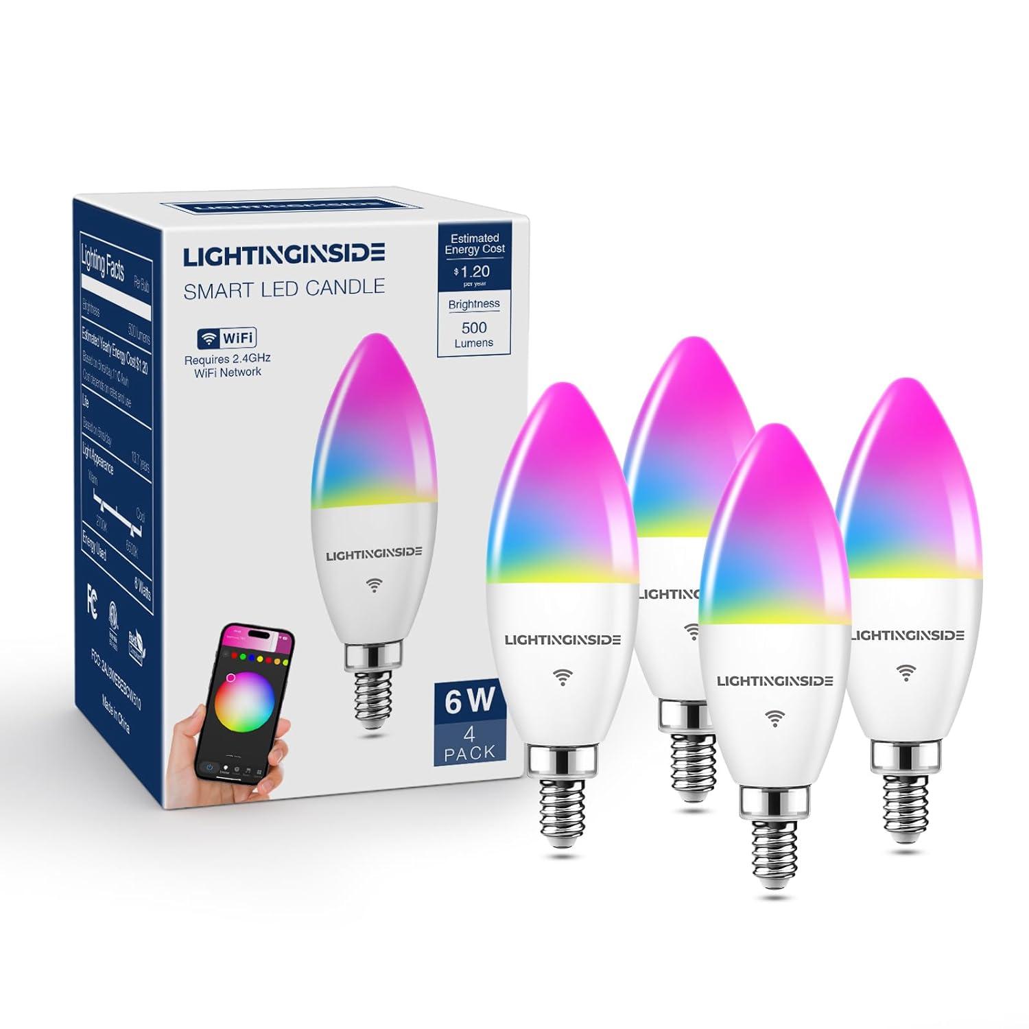 Candelabra Smart Light Bulbs 60W Equivalent, 500LM 6W E12 LED Bulb Compatible with Alexa/Google Home, RGBCW Candle Bulb for Chandelier, No Hub Required, 2.4G WiFi Only, ETL Listed, 1PC