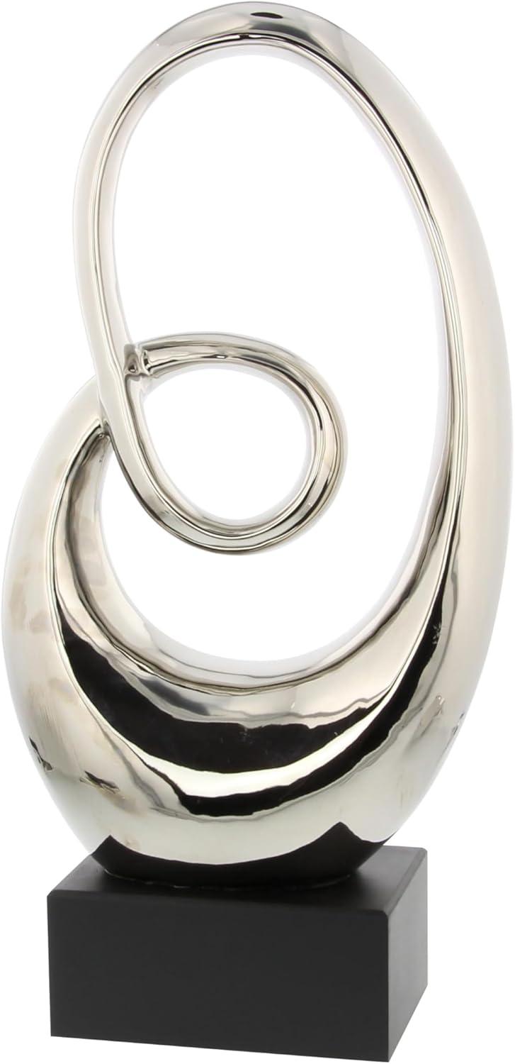 21" Silver Ceramic Swirl Abstract Sculpture with Black Base