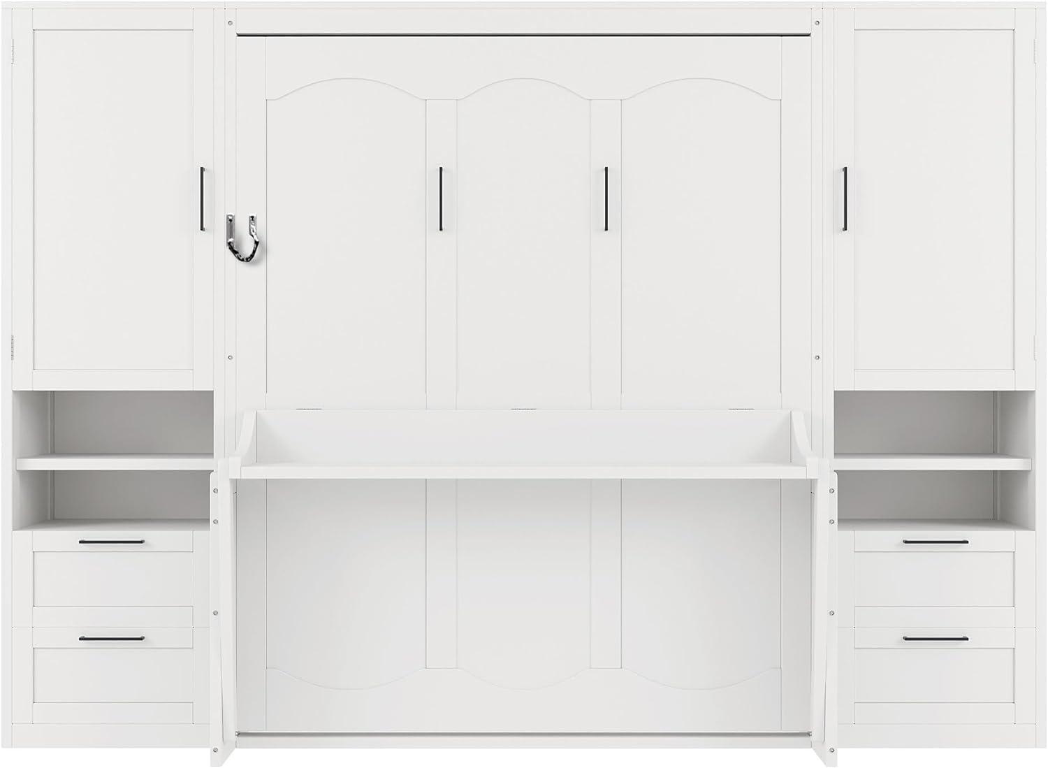 Harper & Bright Designs Queen Size Murphy Bed, Wooden Queen Wall Bed with Closet, Drawers and Shelves, White