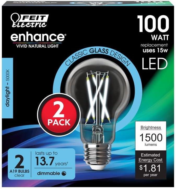 Feit Electric A19 E26 (Medium) Filament LED Bulb Daylight 100 Watt Equivalence 2 pk