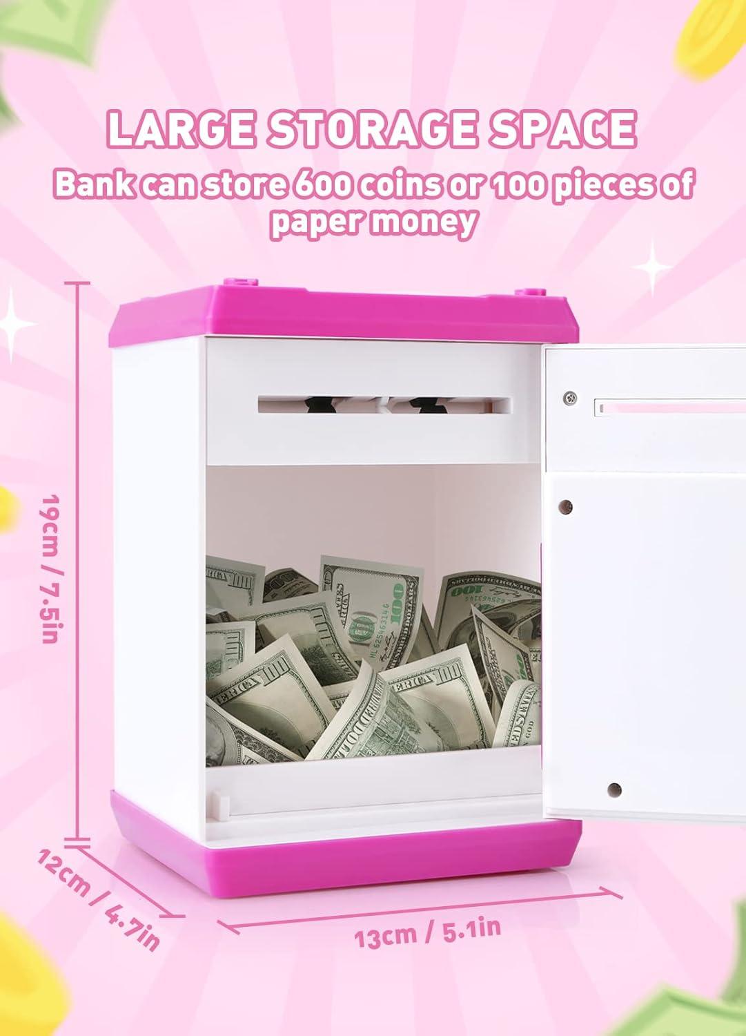 Piggy Bank for Girls Boys Large Electronic Money Coin Banks with Password Protection, Automatic Paper Money Scroll Saving Box, Great Gift for Kids (Pink-White)