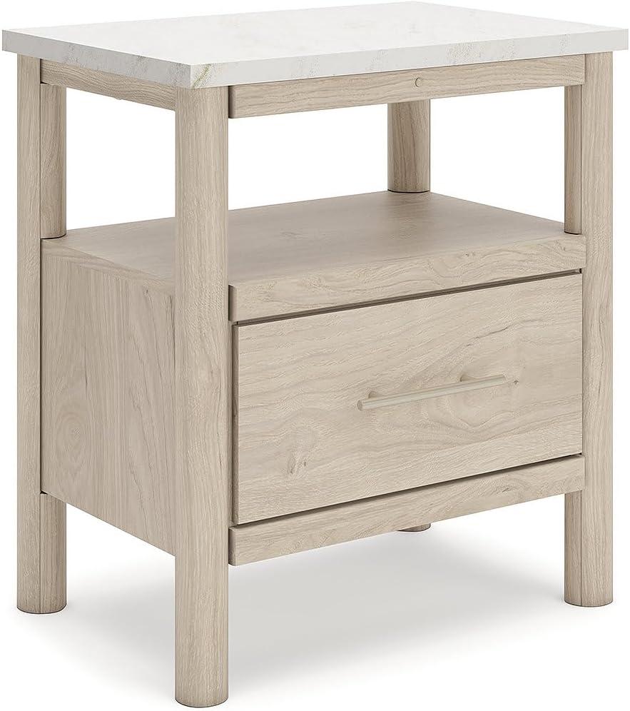 Light Brown and White 1-Drawer Nightstand with Marble Top