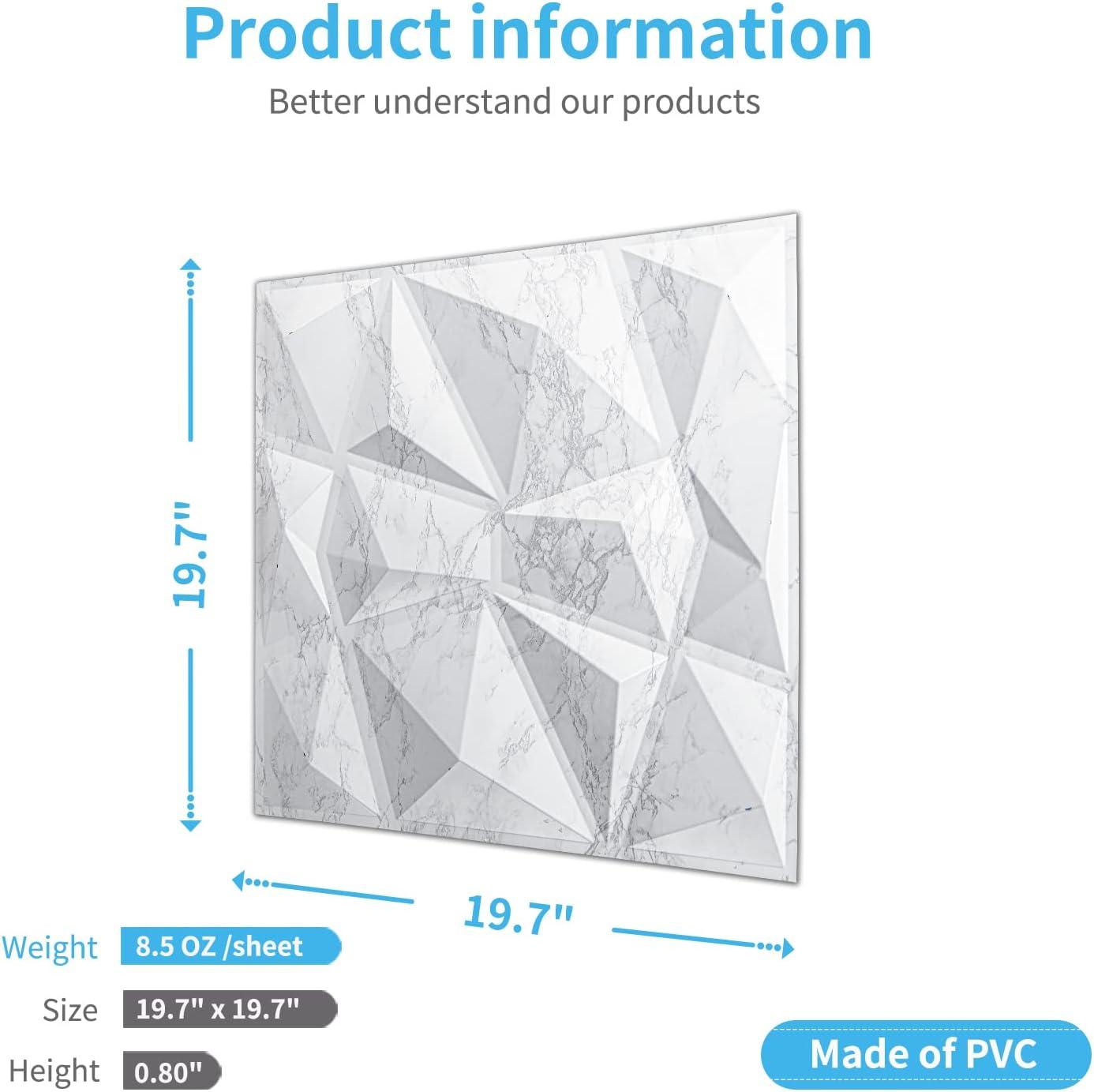 Glossy White Marble 3D Diamond Textured Wall Panels, 19.7" x 19.7", Pack of 12