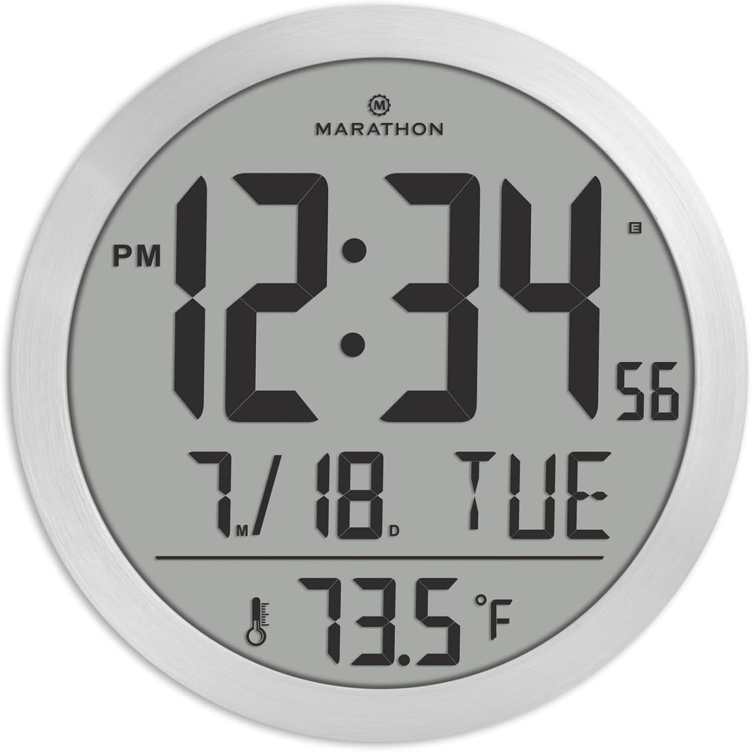 Marathon 15 Inch Round Sleek & Stylish Digital Wall Clock Full Calendar Display & Indoor Temperature