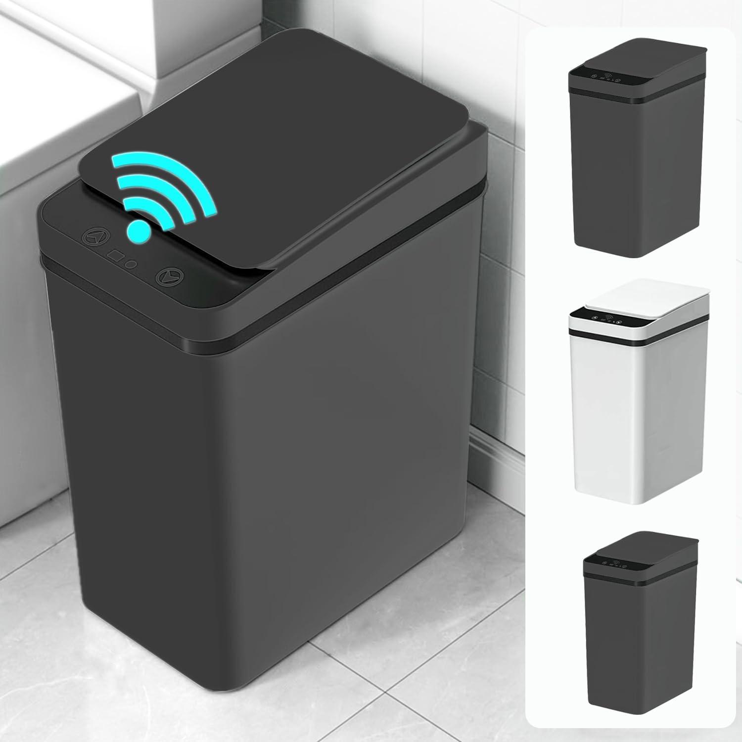 Yatmung 4 Gallons Bathroom Trash Can Automatic Touchless - 15.5 Liters Smart Trash Can Motion Sensor - Narrow, Plastic - Slim Electric Trash Bin - Skinny Garbage Can with Lid (Matte Black)