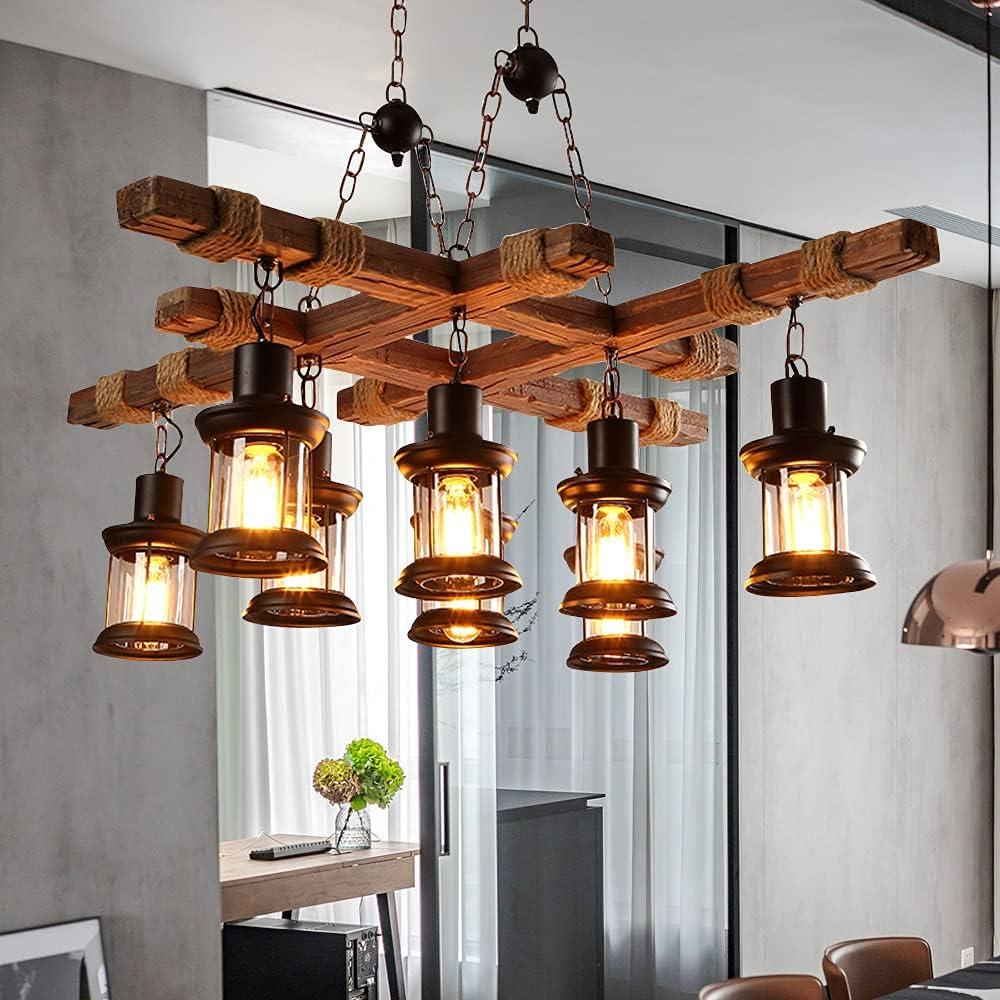 Rongfun 8-Light Rustic Country Chandelier Wood Pendant Lamp Industrial Ceiling Fixture