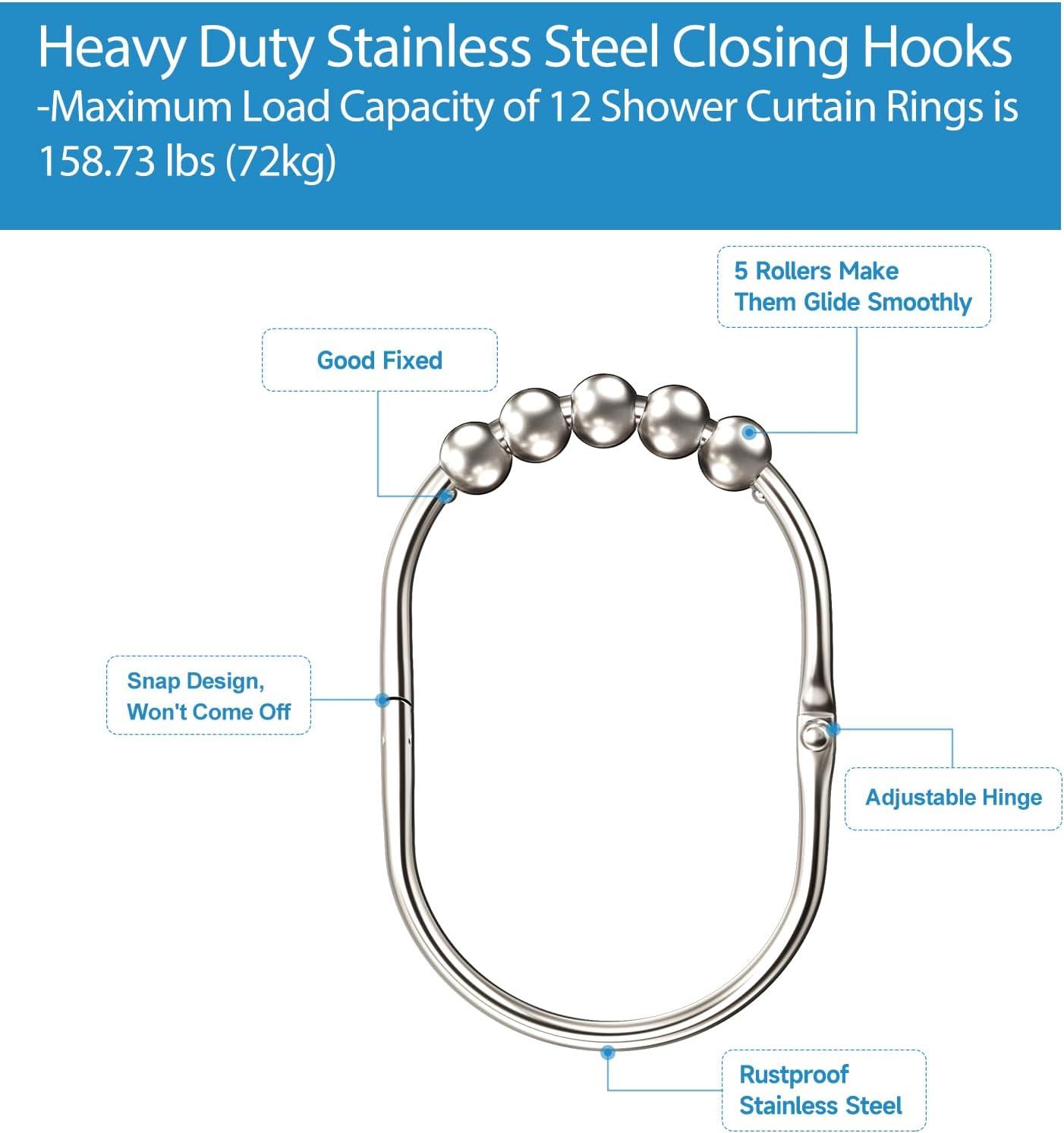 12PCS Wide Shower Curtain Hooks, Rust Proof Stainless Steel Shower Curtain Rings, Heavy Duty Shower Hooks for Shower Curtain Bathroom Curtain Hooks, Easy Glide Rollers, Set of 12, Chrome Chrome