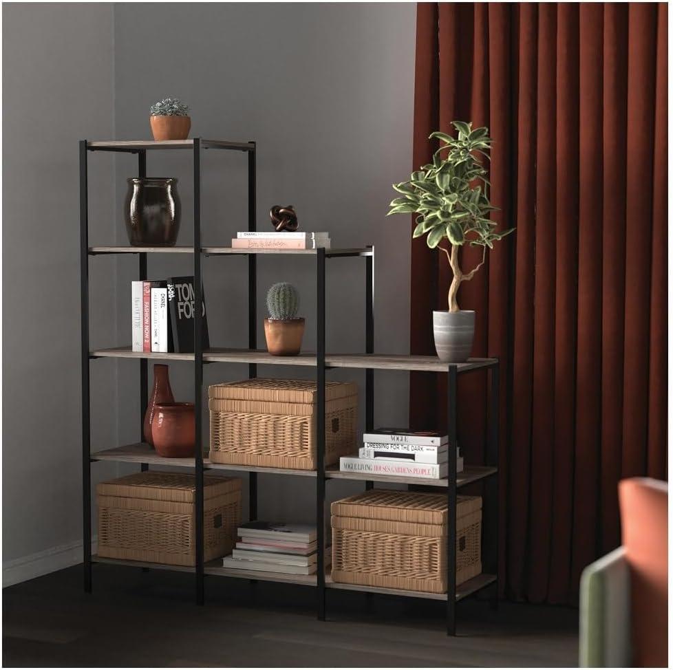 Weathered Gray 5-Tier Ladder Bookcase with Black Metal Frame