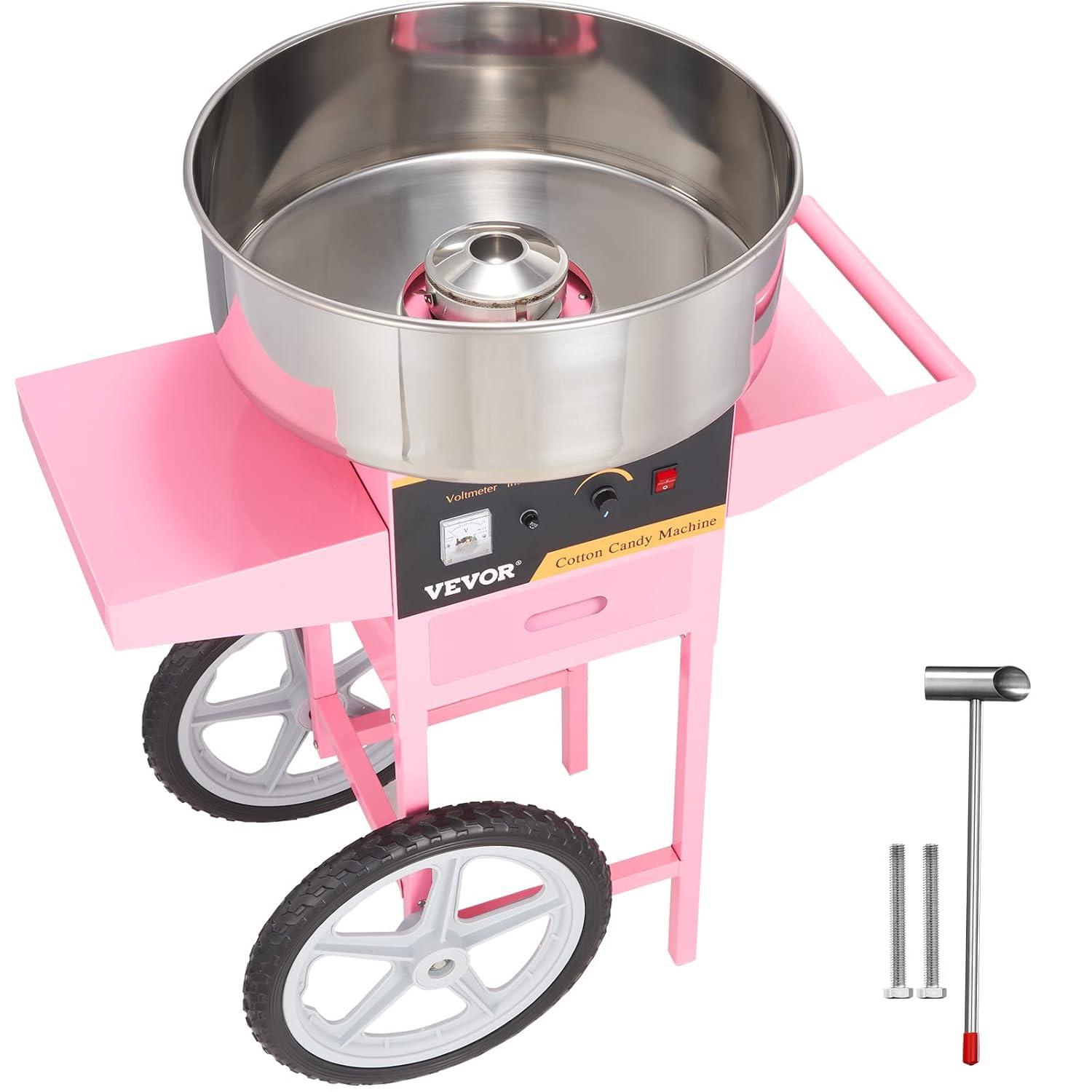 VEVOR Electric Cotton Candy Machine with Cart, 1000W Commercial Floss Maker with Stainless Steel Bowl, Sugar Scoop and Drawer, Pink