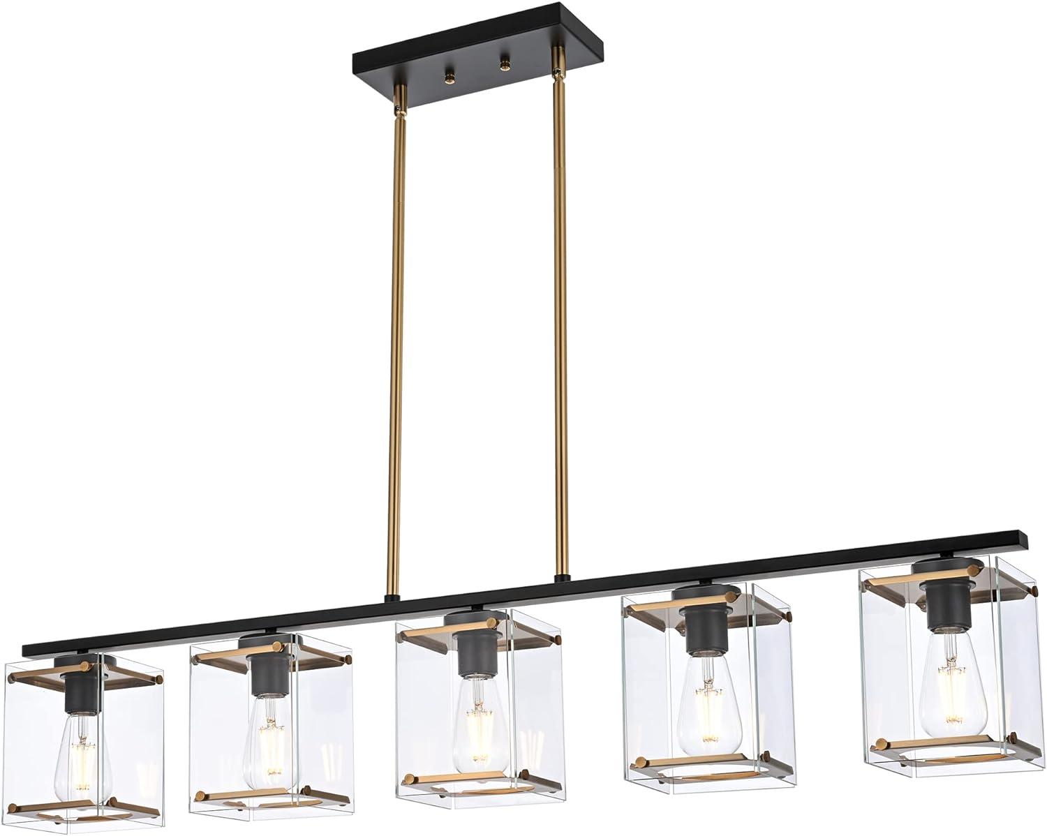 Modern Black and Brass 5-Light Island Chandelier with Glass Shades