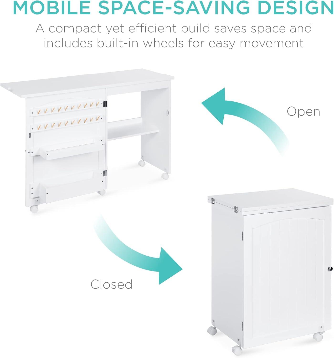 Compact White Sewing & Craft Table with Storage and Wheels