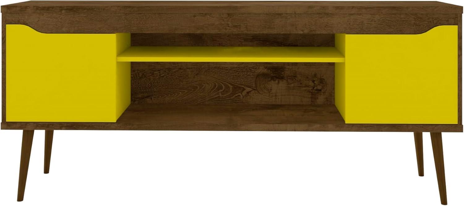 Manhattan Comfort Bradley TV Stand for TVs up to 60" Rustic Brown/Yellow: Mid-Century Modern Media Console with Open Shelves