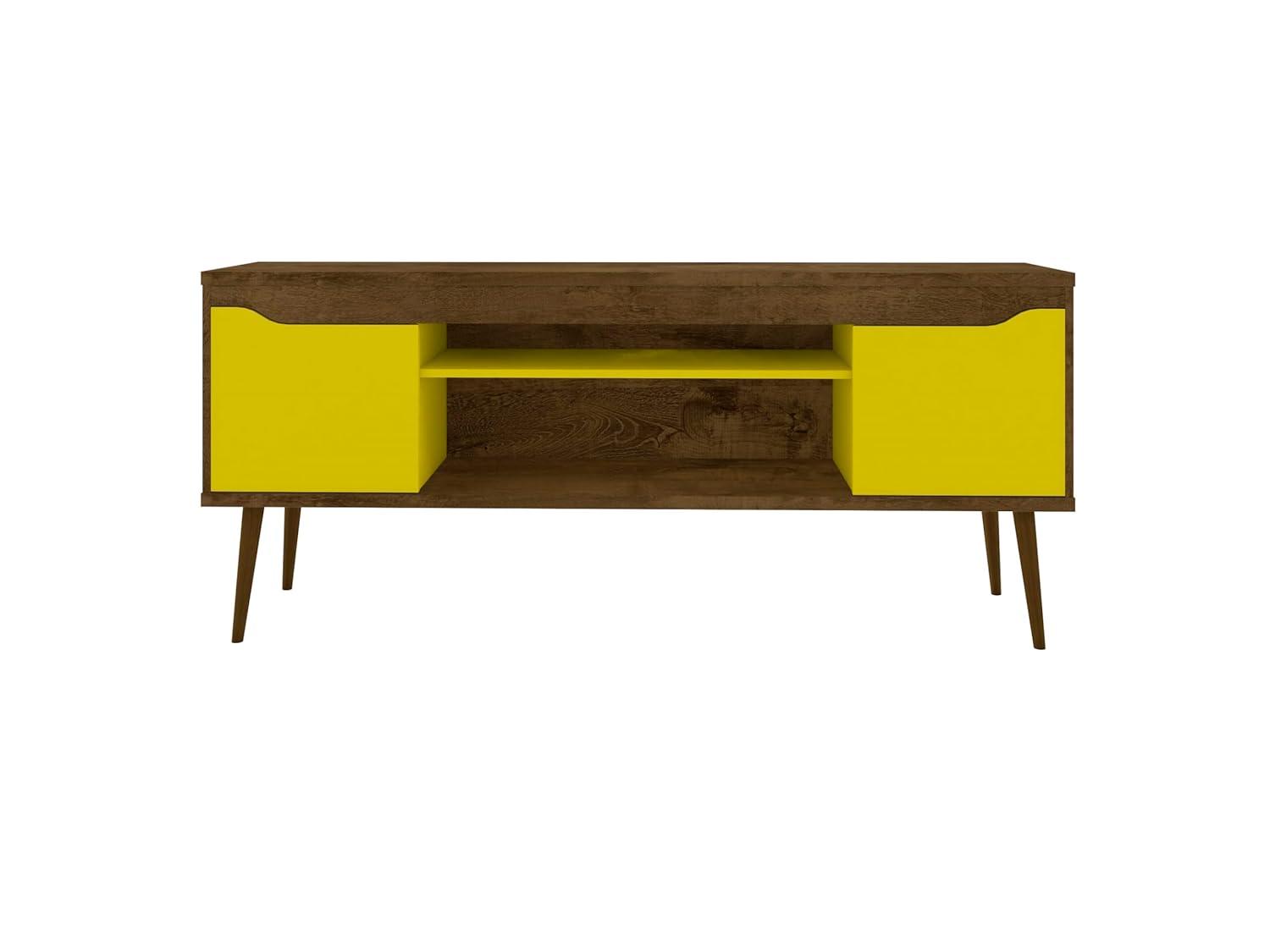 Manhattan Comfort Bradley TV Stand for TVs up to 60" Rustic Brown/Yellow: Mid-Century Modern Media Console with Open Shelves