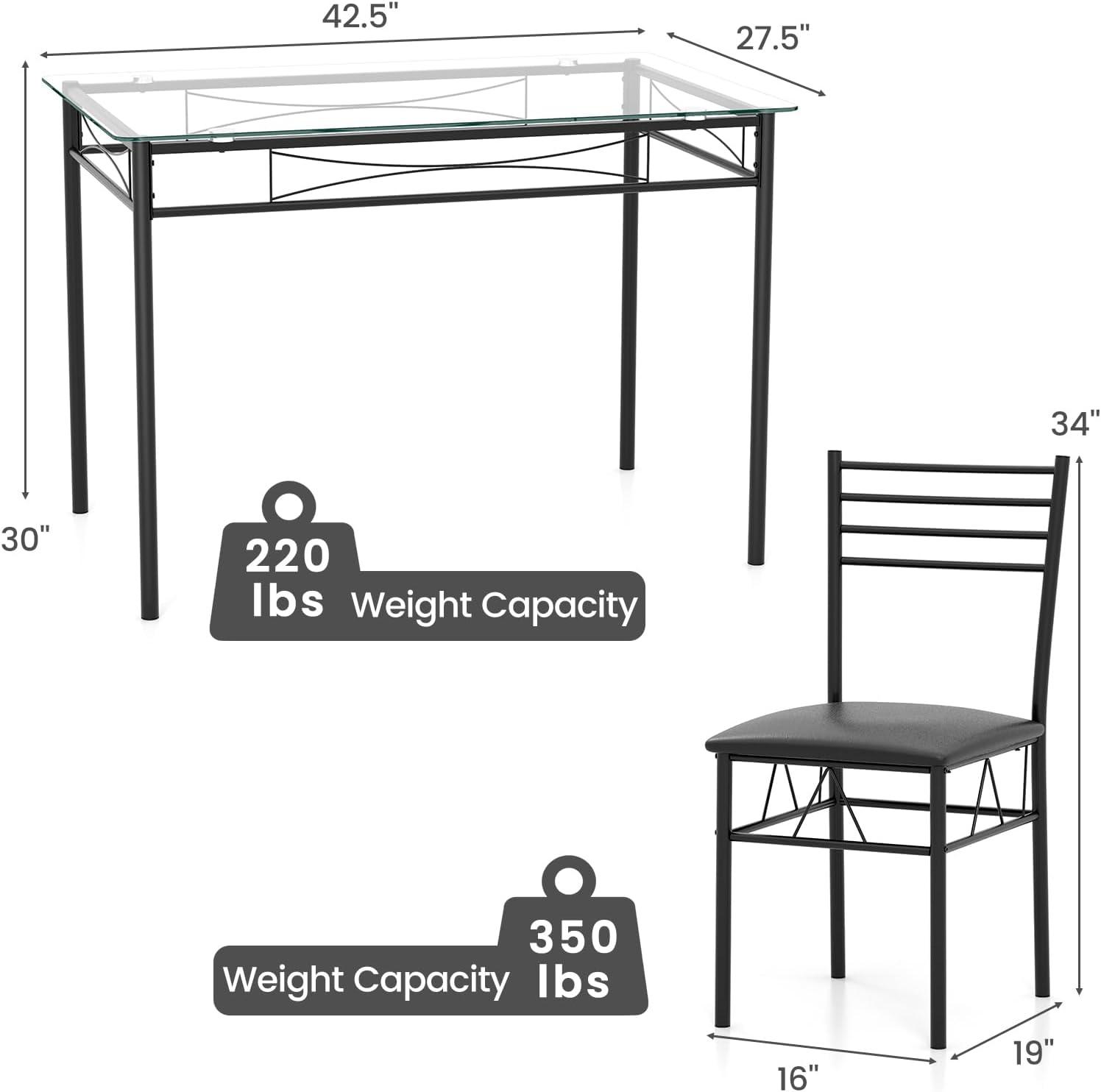 Modern Black Metal and Glass 5-Piece Dining Set