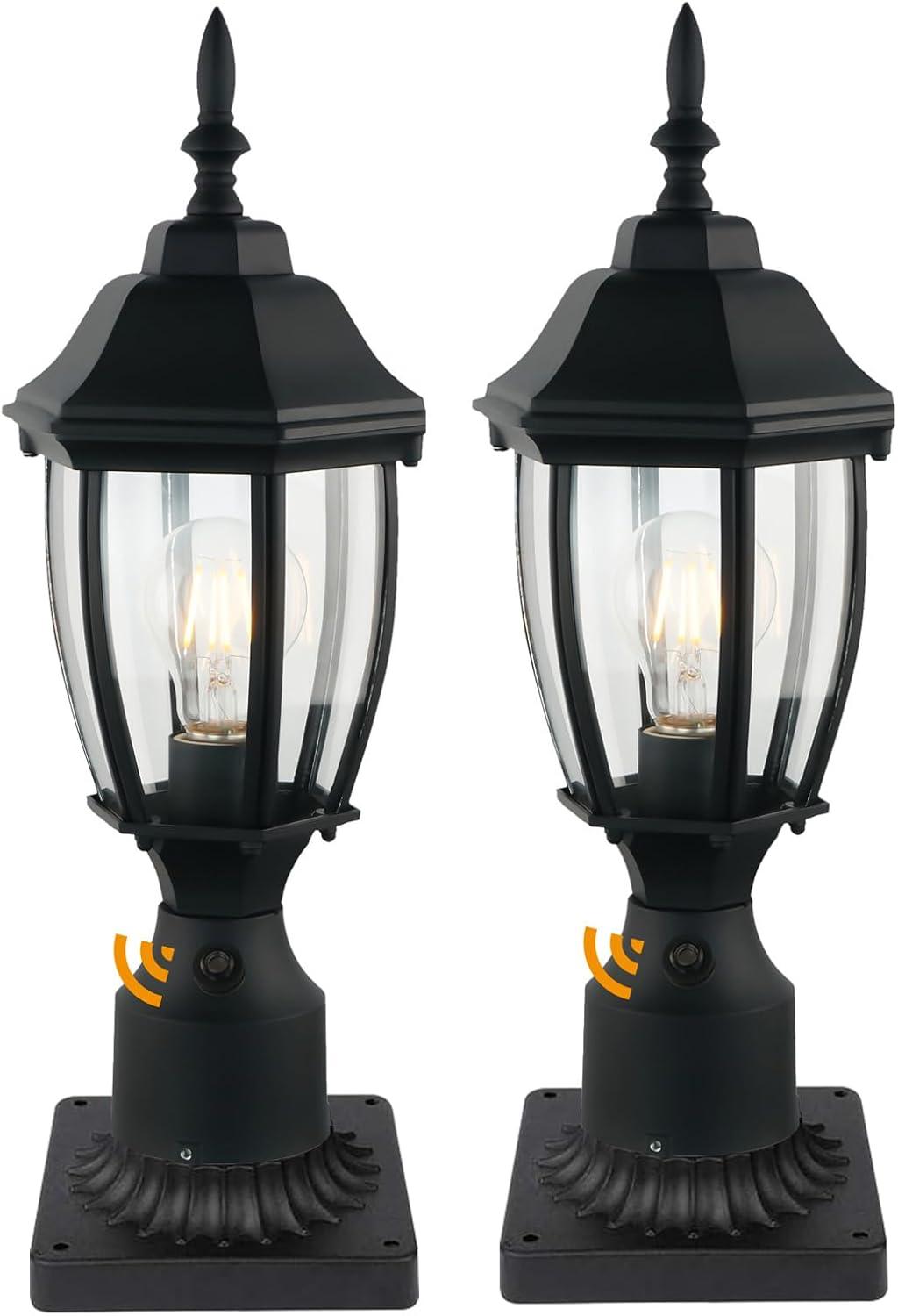 Black Metal Dusk to Dawn Outdoor Post Lights with Clear Glass, 2-Pack