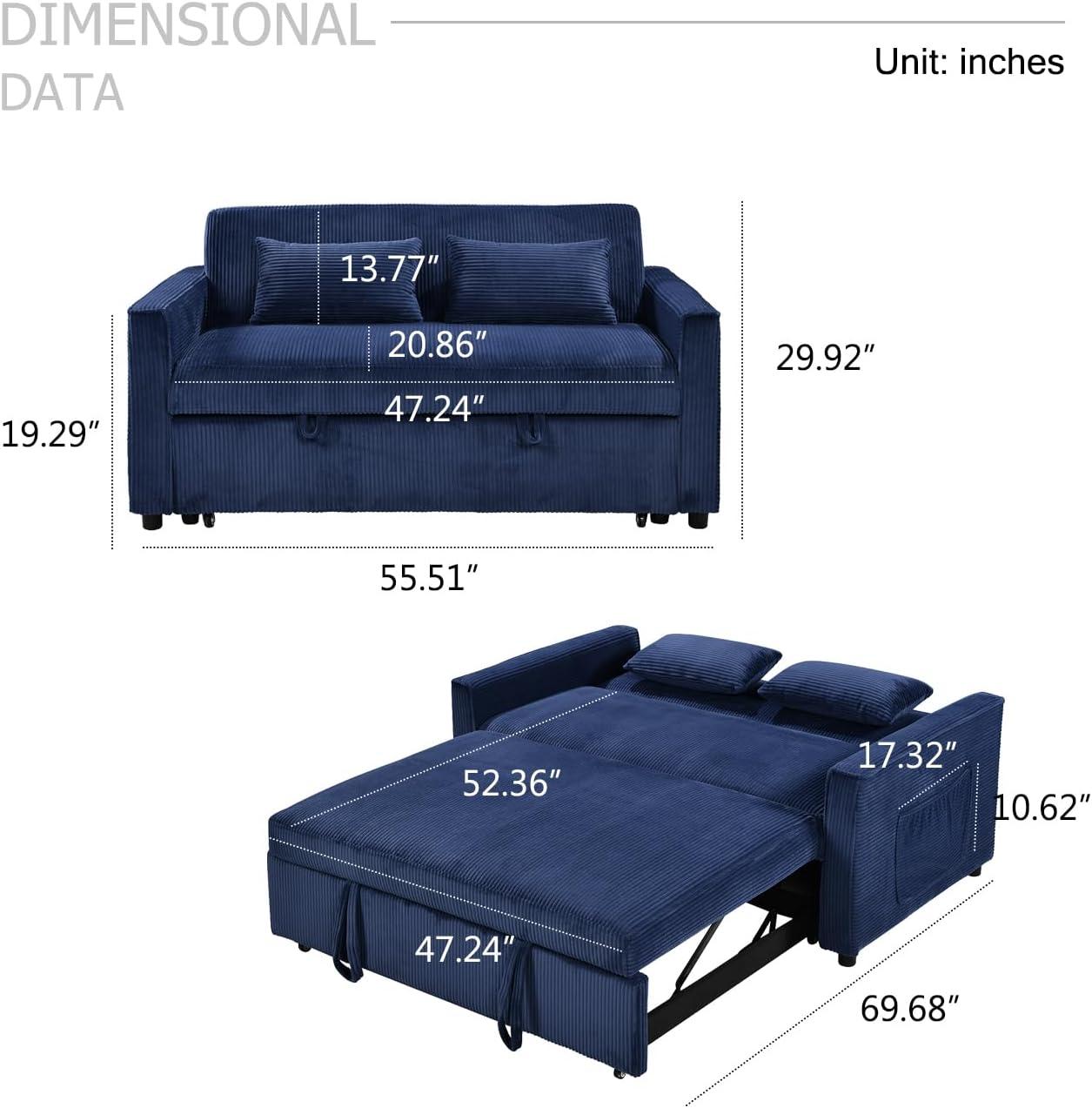 55" Modern Loveseat with Pull Out Bed, 3 in 1 Convertible Velvet Sleeper Sofa Bed with Adjustable Backrest & 2 Pillows, 2 Detachable Arm Pocket for Small Space, Living Room, Apartment, Blue