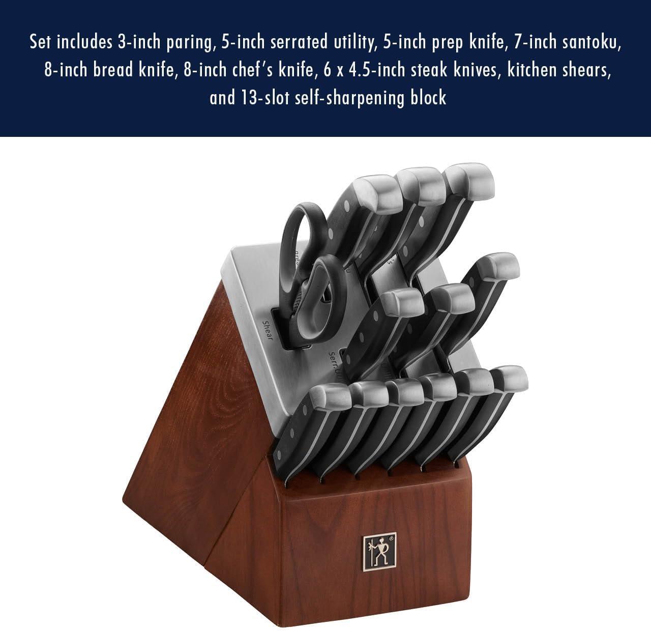 Henckels Statement Self-Sharpening Knife Set with Block, Chef Knife, Paring Knife, Bread Knife, Steak Knife, 14-piece, Dark Brown, Stainless Steel