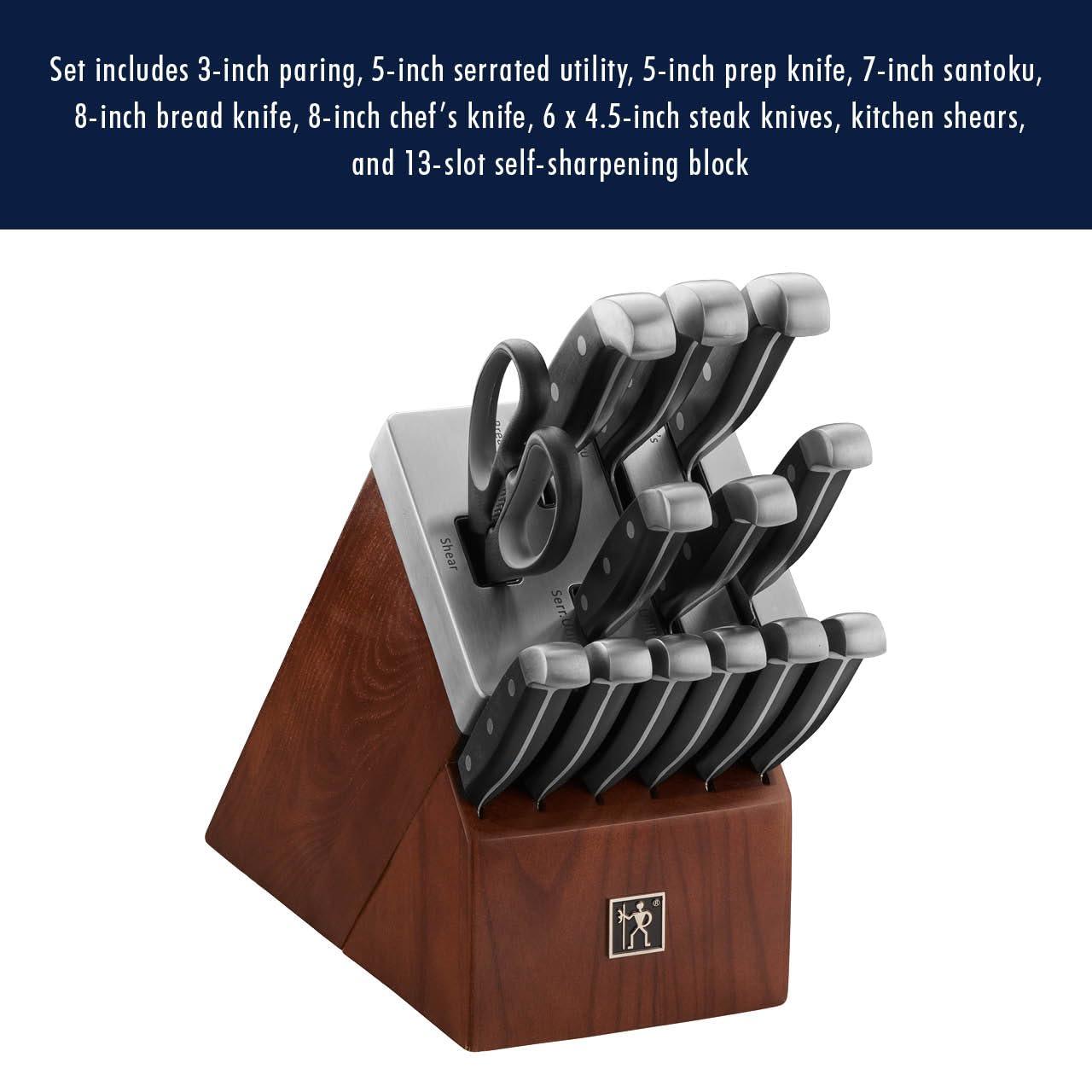 Henckels Statement Self-Sharpening Knife Set with Block, Chef Knife, Paring Knife, Bread Knife, Steak Knife, 14-piece, Dark Brown, Stainless Steel