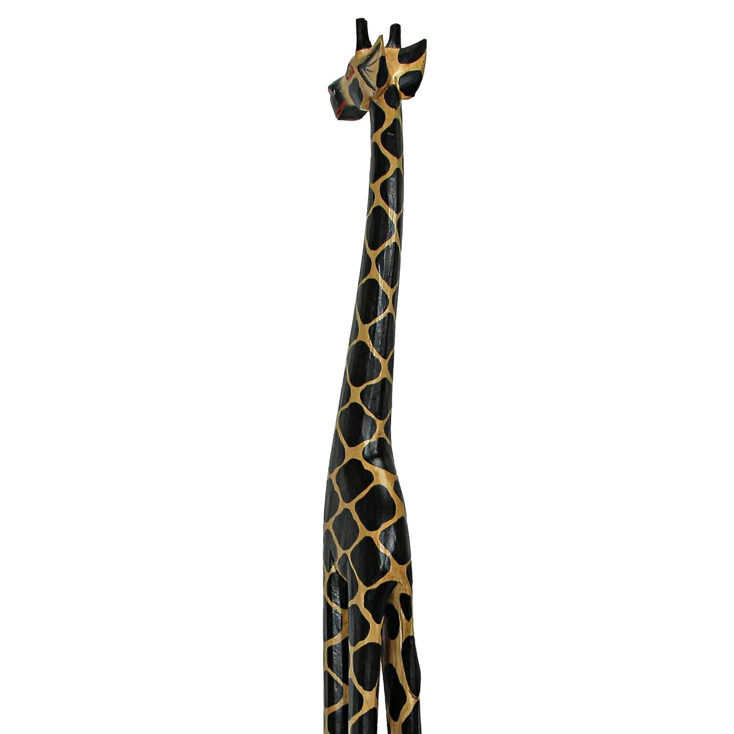 Hand-Carved 36-Inch Tall Black and Beige Wooden Giraffe Statue