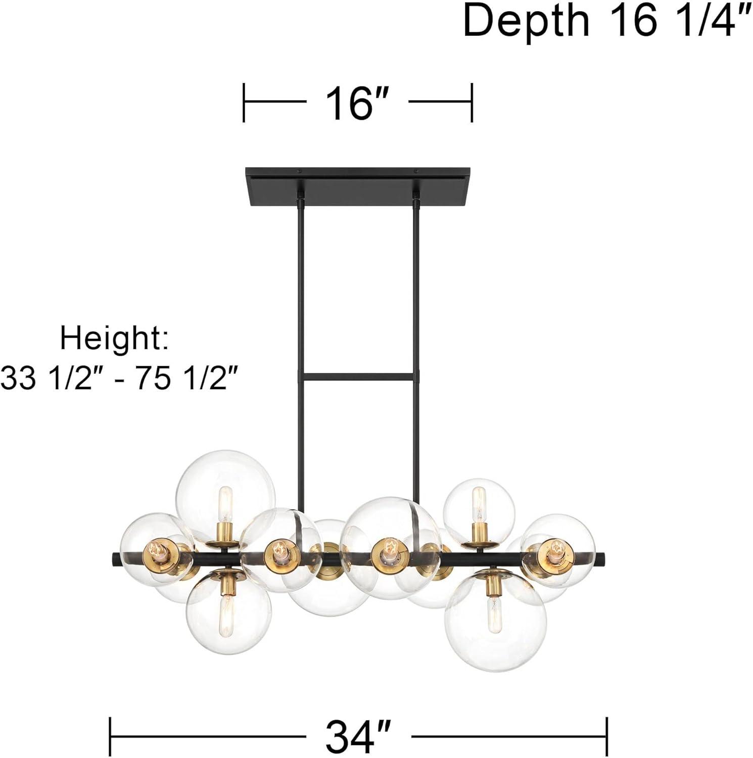 Possini Euro Design Vasa Black Gold Island Linear Pendant Chandelier 34" Wide Modern Clear Glass 12-Light Fixture for Dining Room