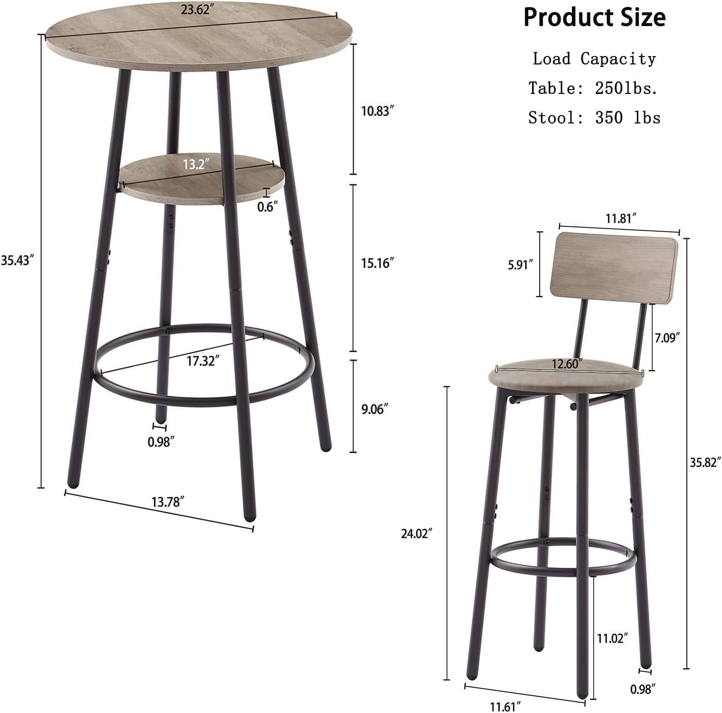 Modern Bar Table Set, SYNGAR Kitchen Table and Chairs for 2, 3 Piece Counter Height Dining Set with 2 Cushioned Stools, Round Long Bistro Pub Table Set, Breakfast Dining Table Set, Gray