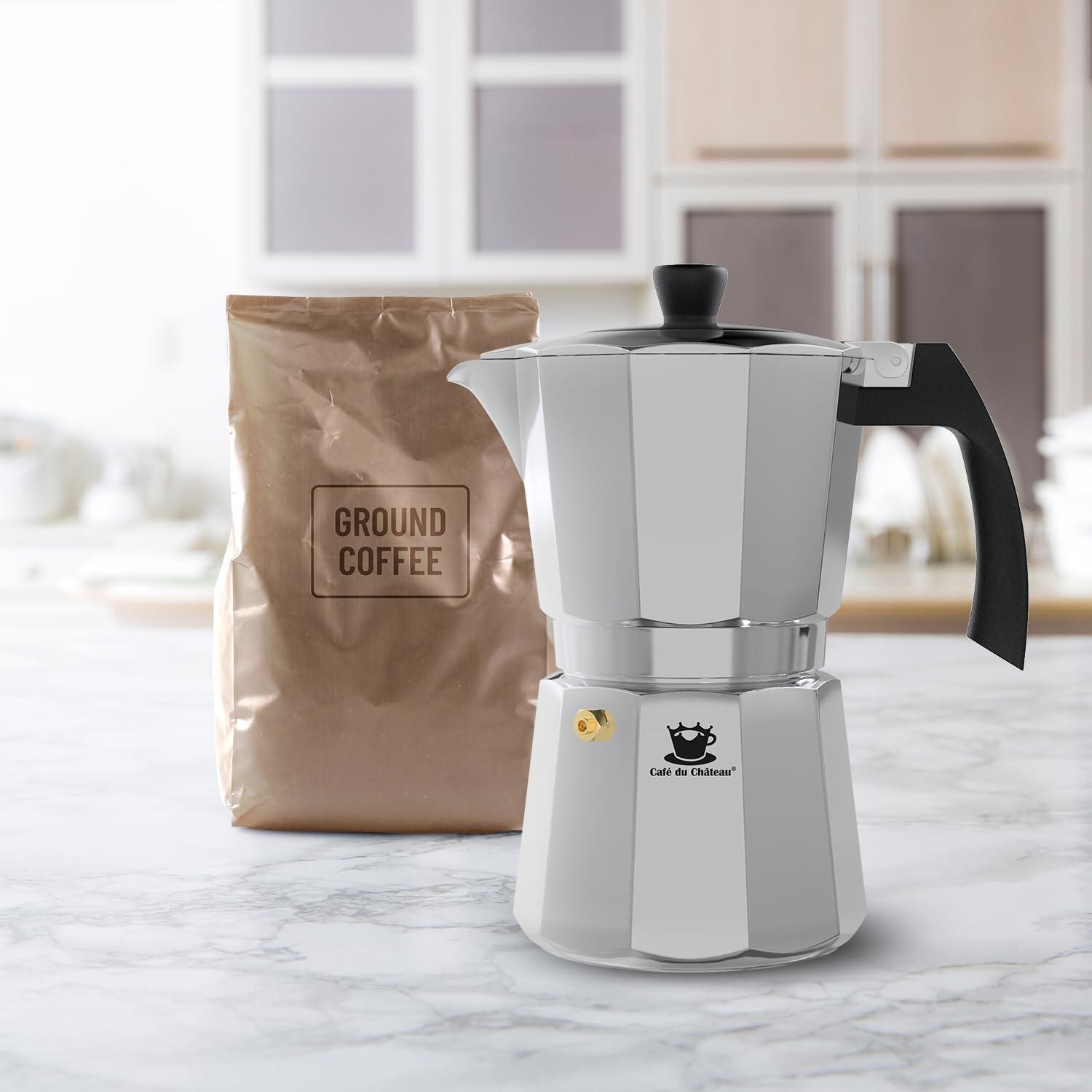 Espresso Maker by Cafe Du Chateau (313.5ml) Transparent Top Lid, High Gloss Finish, Free Coffee Clip Spoon, Coffee Percolator