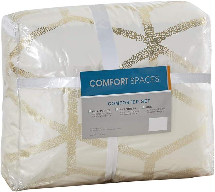 Comfort Spaces Full/Queen Size Comforter Sets, 4-Piece Bedding Set for All Season, Ivory and Gold Comforter Bed Set, Geometric Metallic