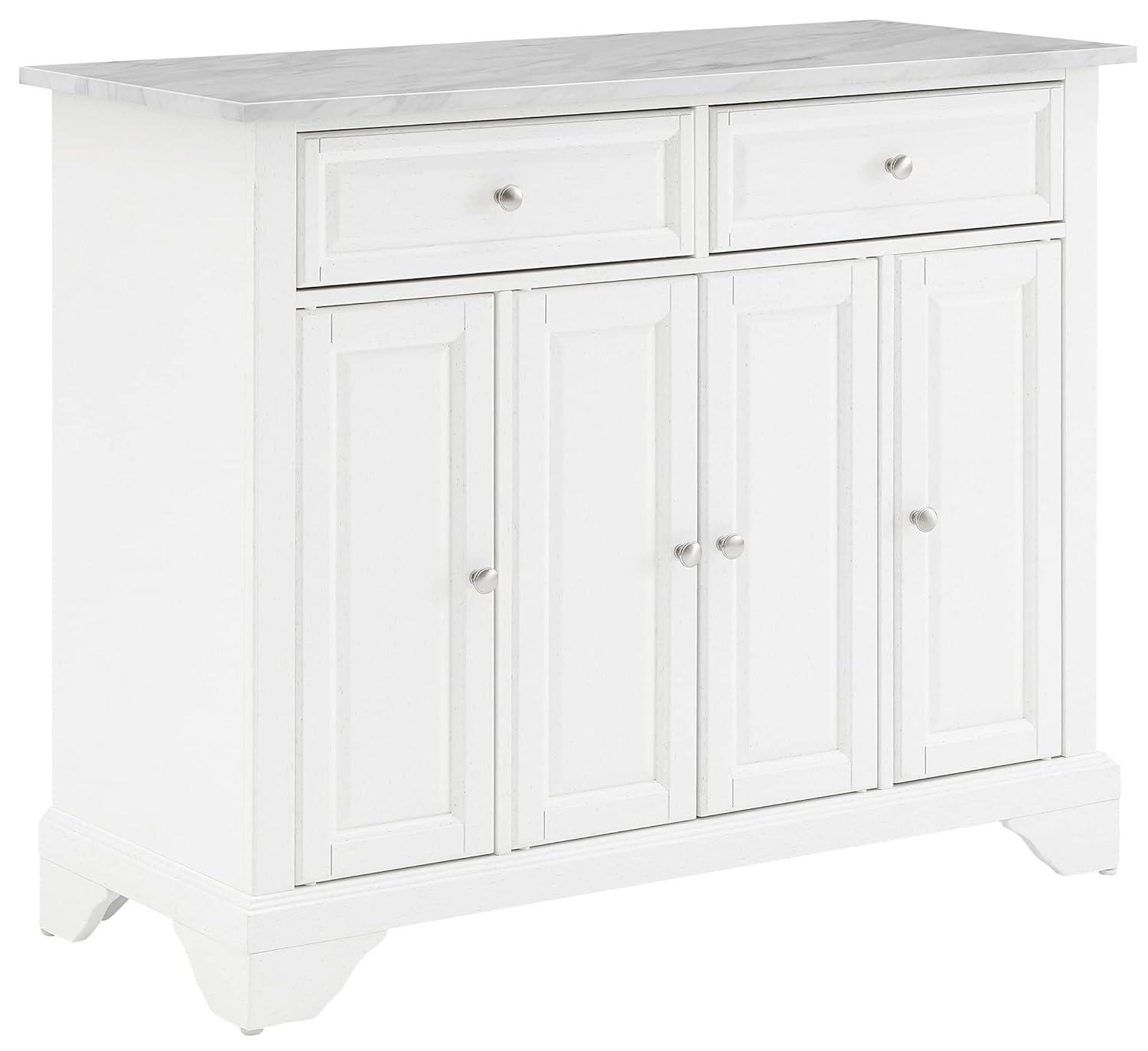 Avery Kitchen Island/Cart Distressed White/White Marble - Crosley: Adjustable Shelves, Particle Board Frame, 6 Shelves, 2 Drawers