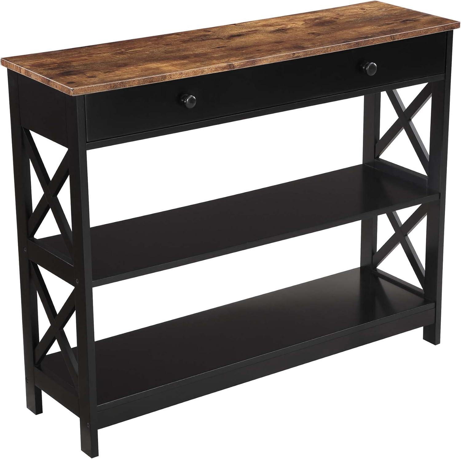 Convenience Concepts Oxford 1 Drawer Console Table with Shelves, Barnwood & Black